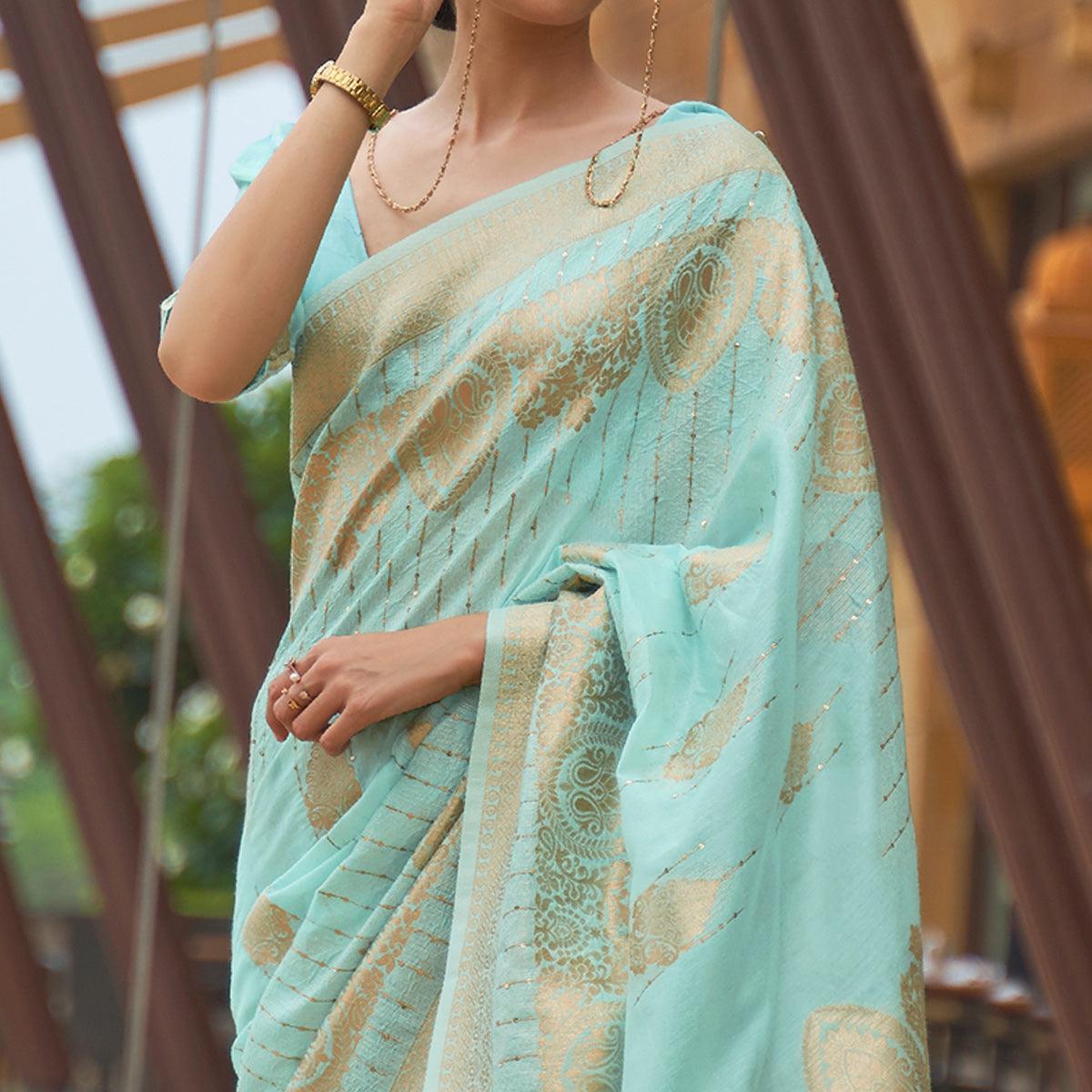 Sky Blue Partywear Sequence Woven Chanderi Saree - Peachmode