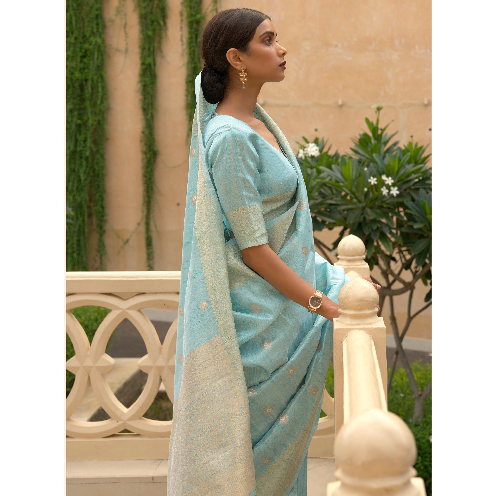 Sky Blue Partywear Sequence Woven Silk Saree - Peachmode