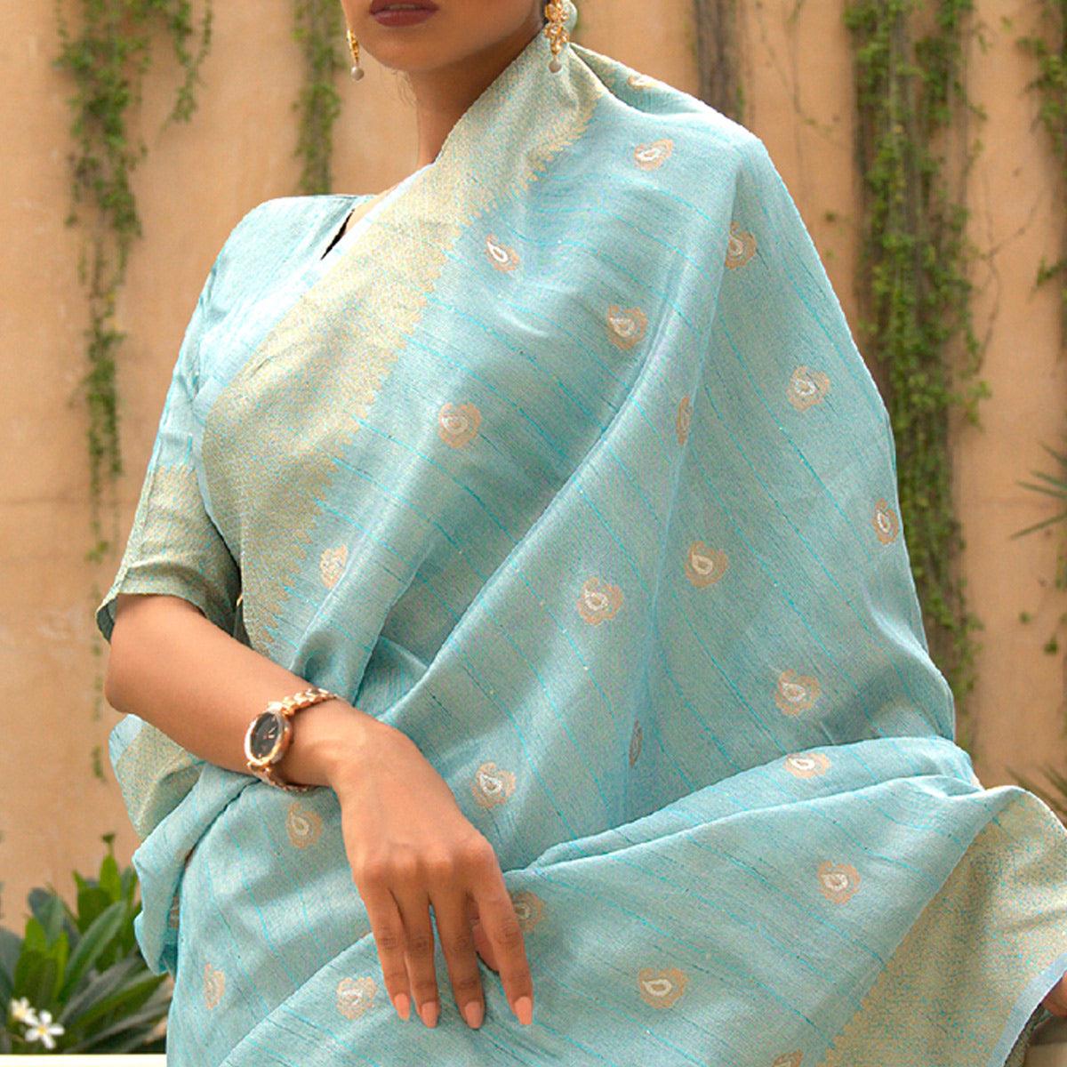 Sky Blue Partywear Sequence Woven Silk Saree - Peachmode