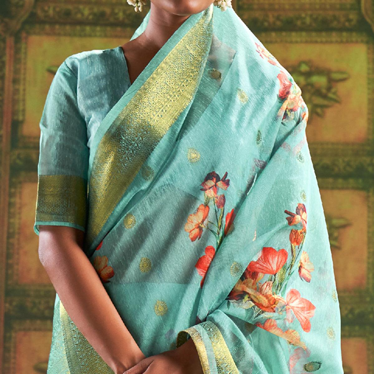 Sky Blue Partywear Wear Digital Floral Taspa Linen Silk Saree - Peachmode