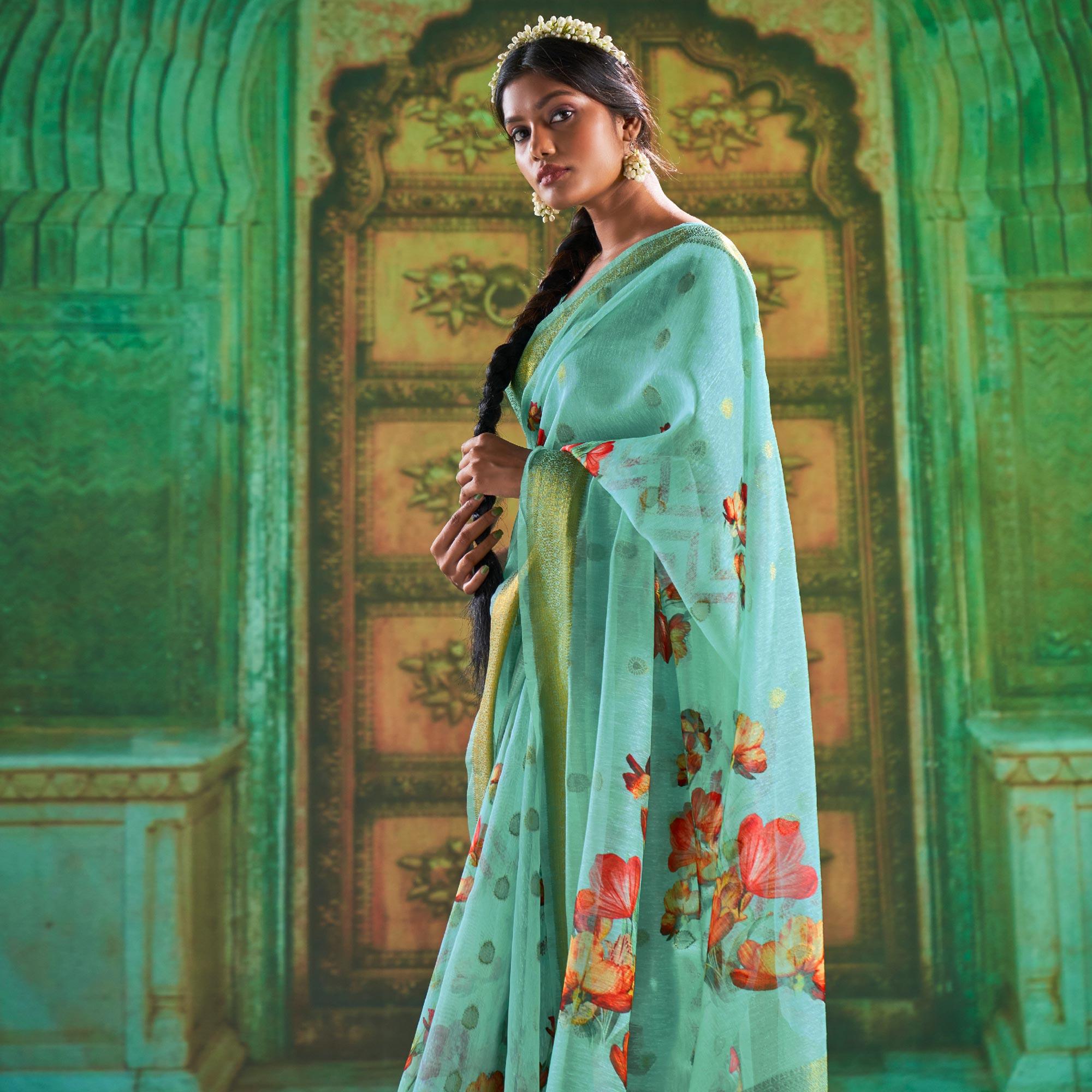 Sky Blue Partywear Wear Digital Floral Taspa Linen Silk Saree - Peachmode