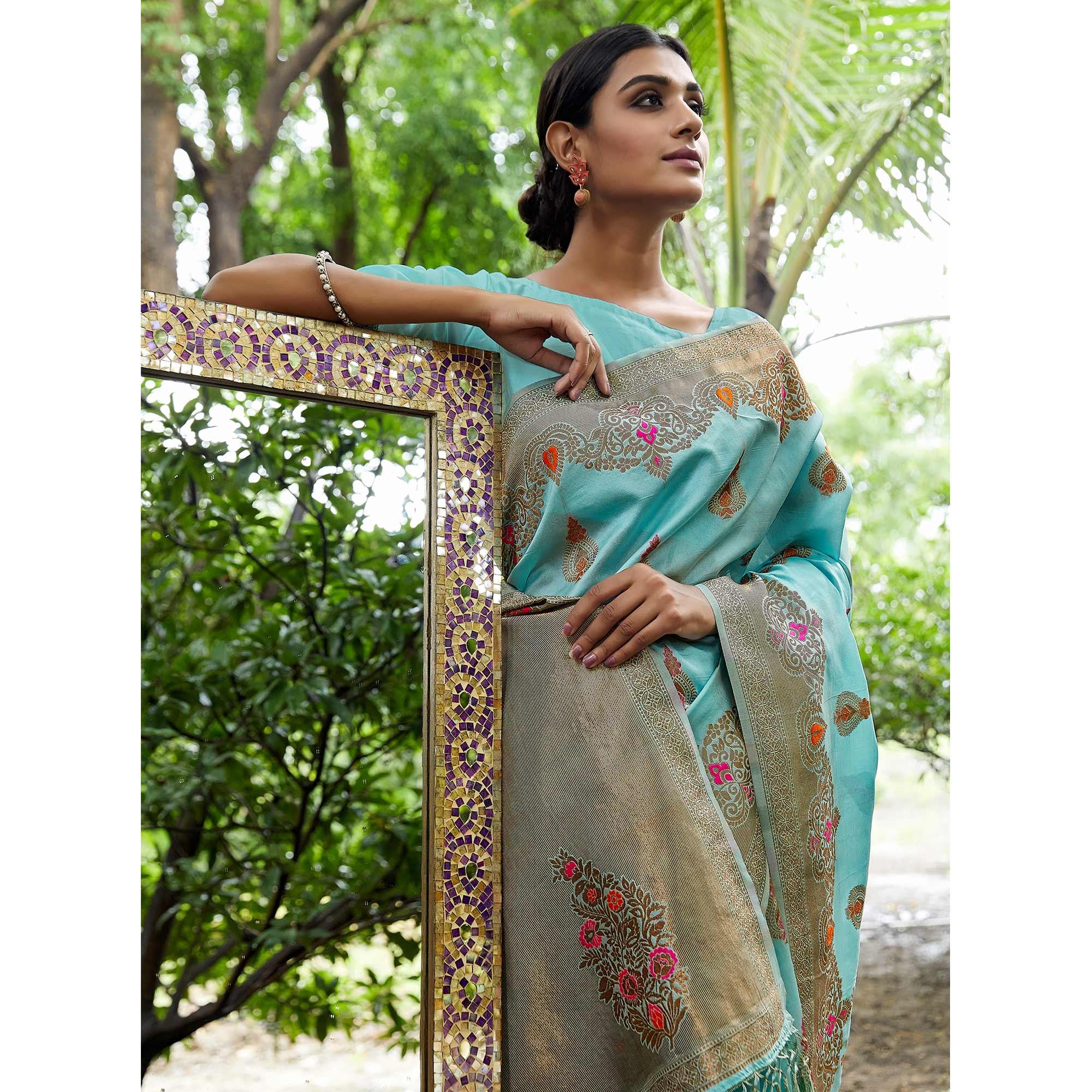 Sky Blue Partywear Woven Silk Saree - Peachmode