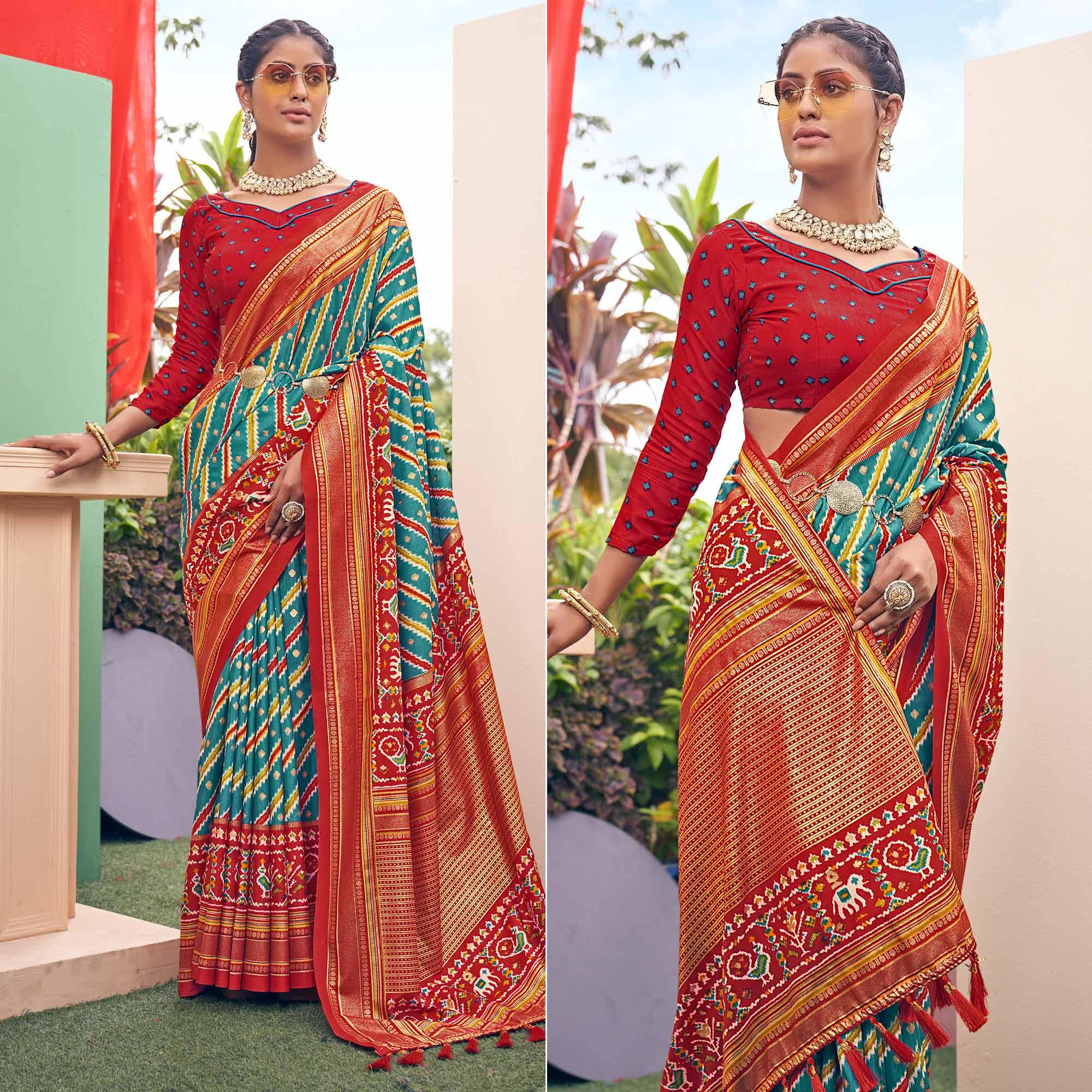 Sky Blue Patola Printed Silk Saree With Tassels - Peachmode