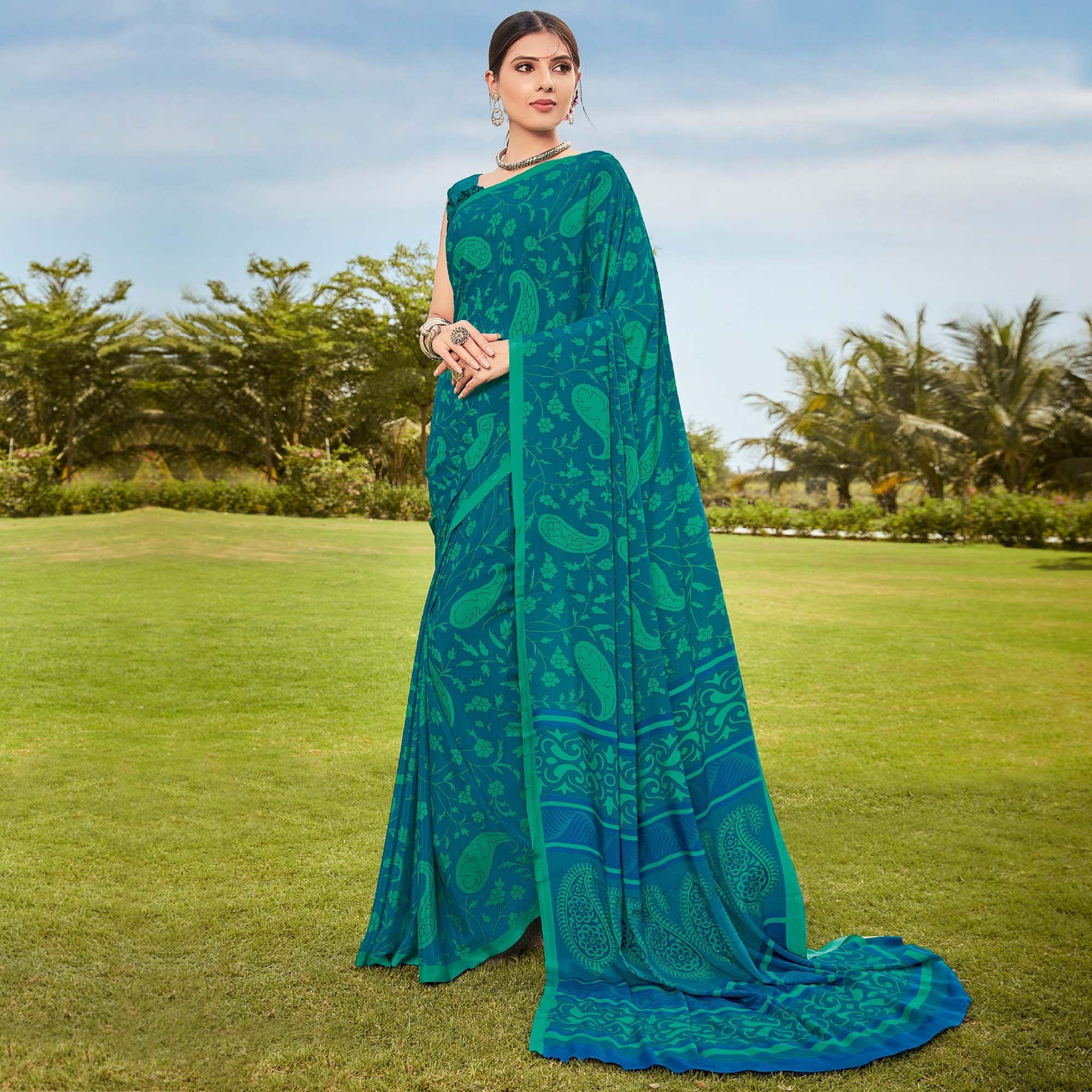 Sky Blue  Printed Crepe Saree - Peachmode