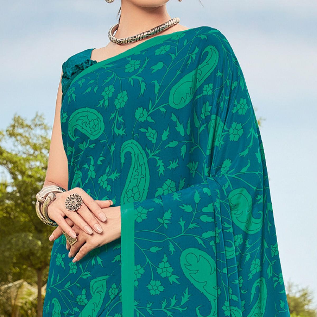 Sky Blue  Printed Crepe Saree - Peachmode