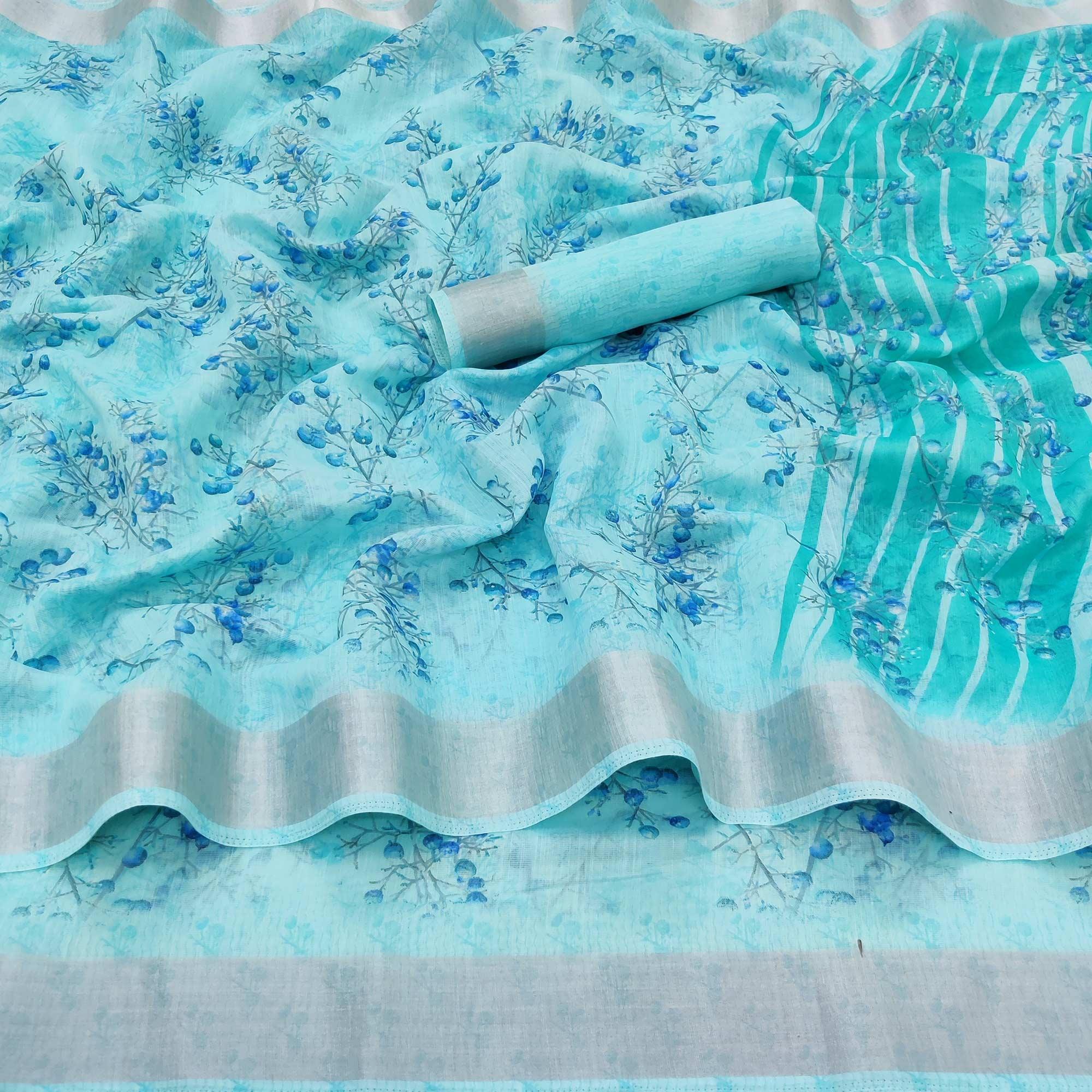 Sky Blue Printed Linen Cotton Saree - Peachmode