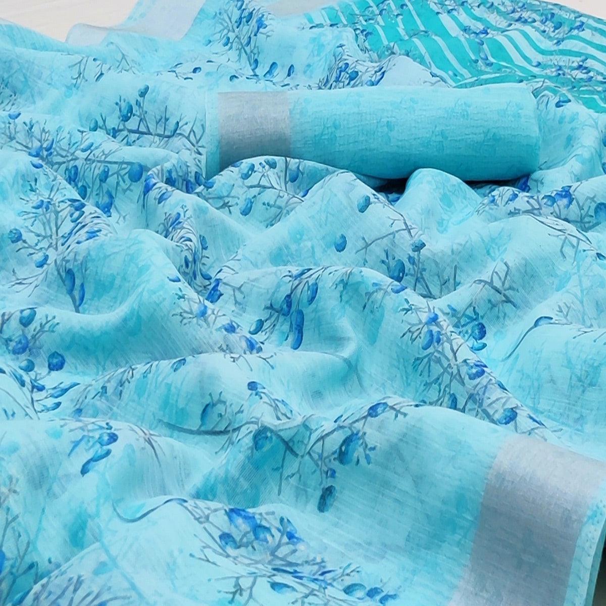 Sky Blue Printed Linen Cotton Saree - Peachmode