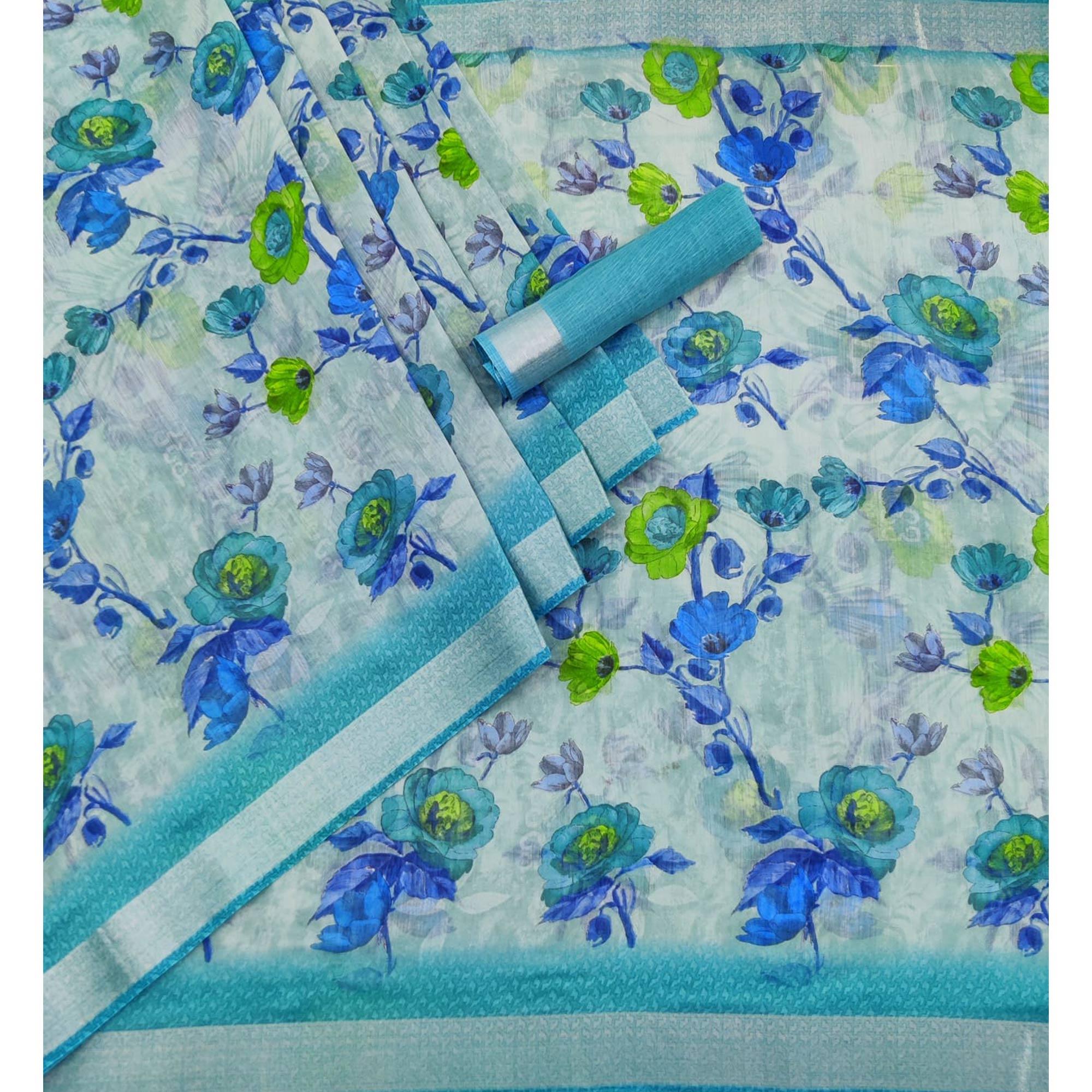 Sky Blue Printed Linen Saree - Peachmode