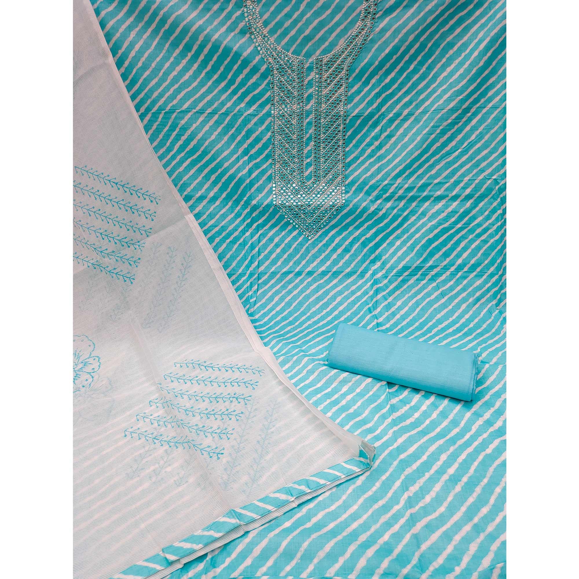 Sky Blue Printed-Mirror Work Pure Cotton Dress Material - Peachmode