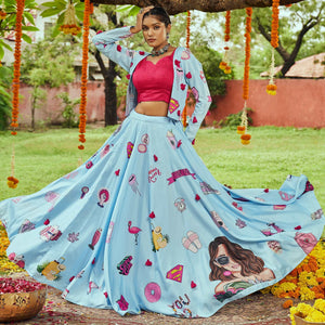 Sky Blue Printed Muslin Lehenga Choli With Koti - Peachmode