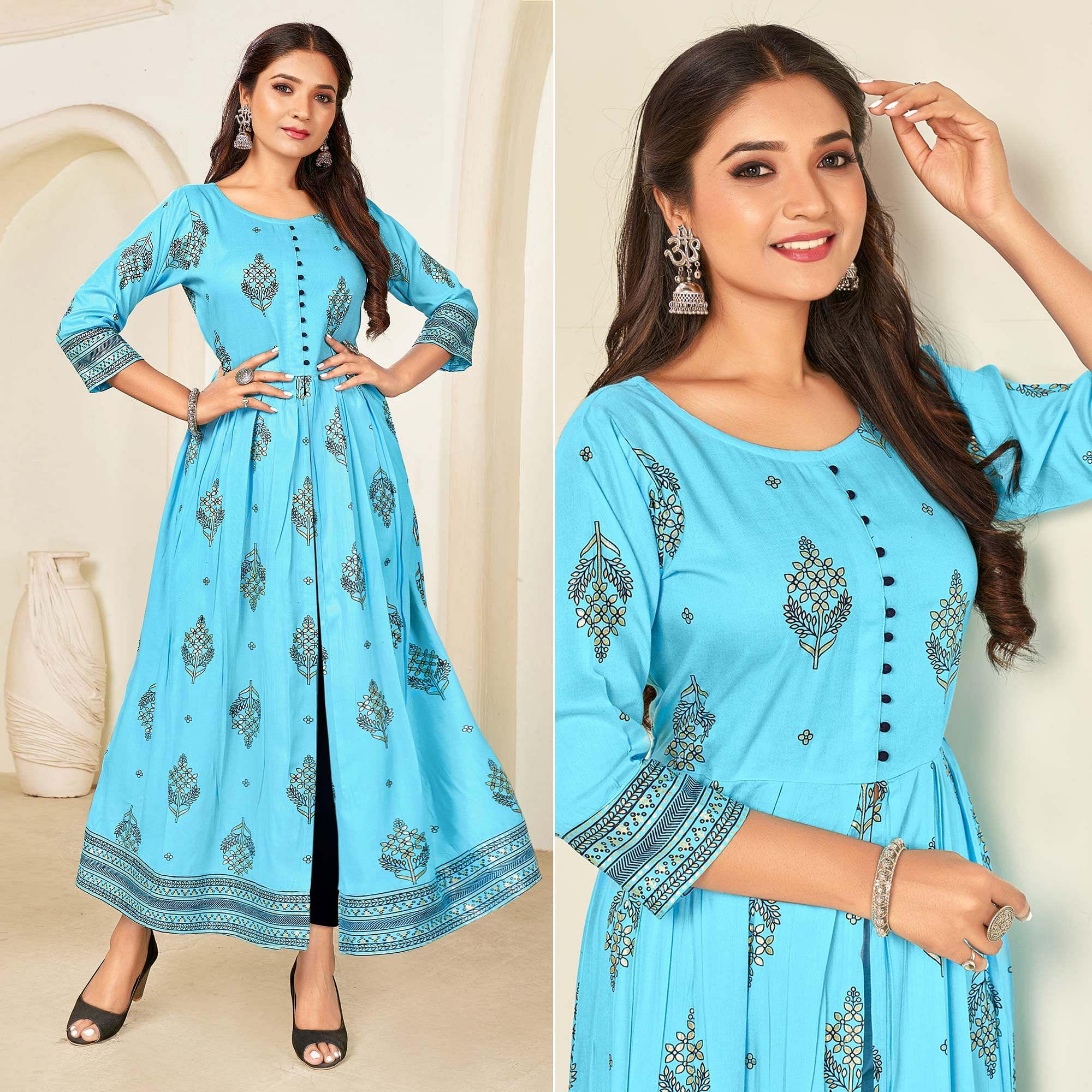 Sky Blue Printed Rayon Anarkali Kurti - Peachmode