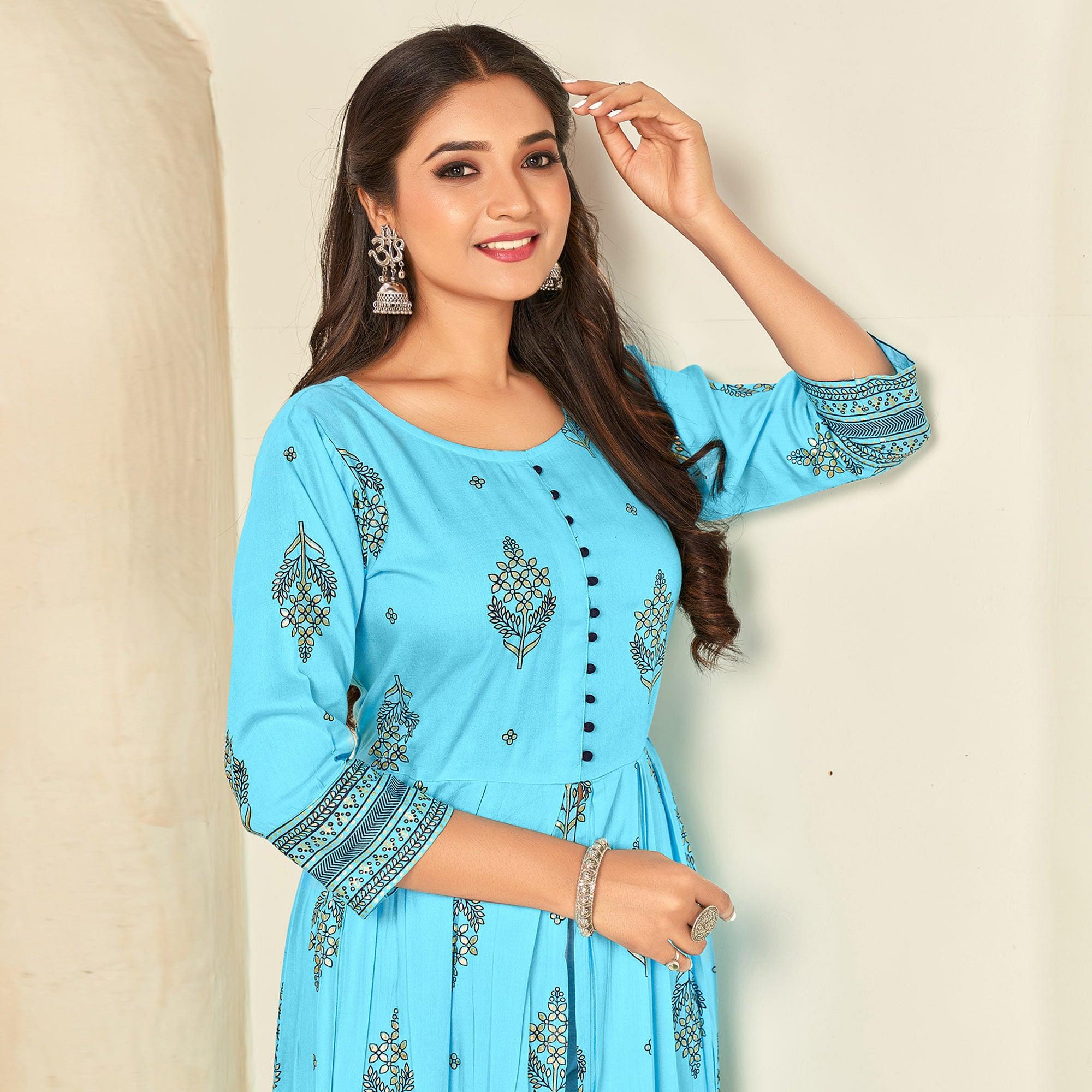 Sky Blue Printed Rayon Anarkali Kurti - Peachmode