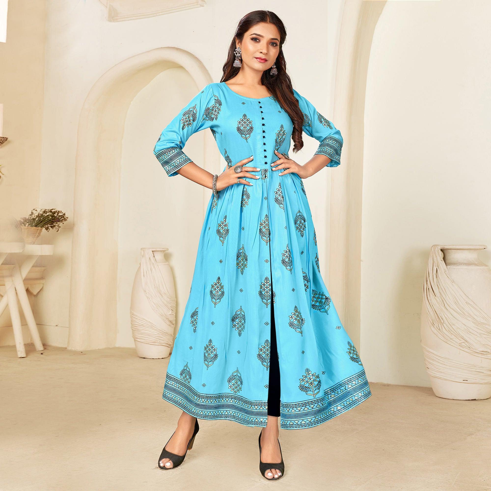 Sky Blue Printed Rayon Anarkali Kurti - Peachmode