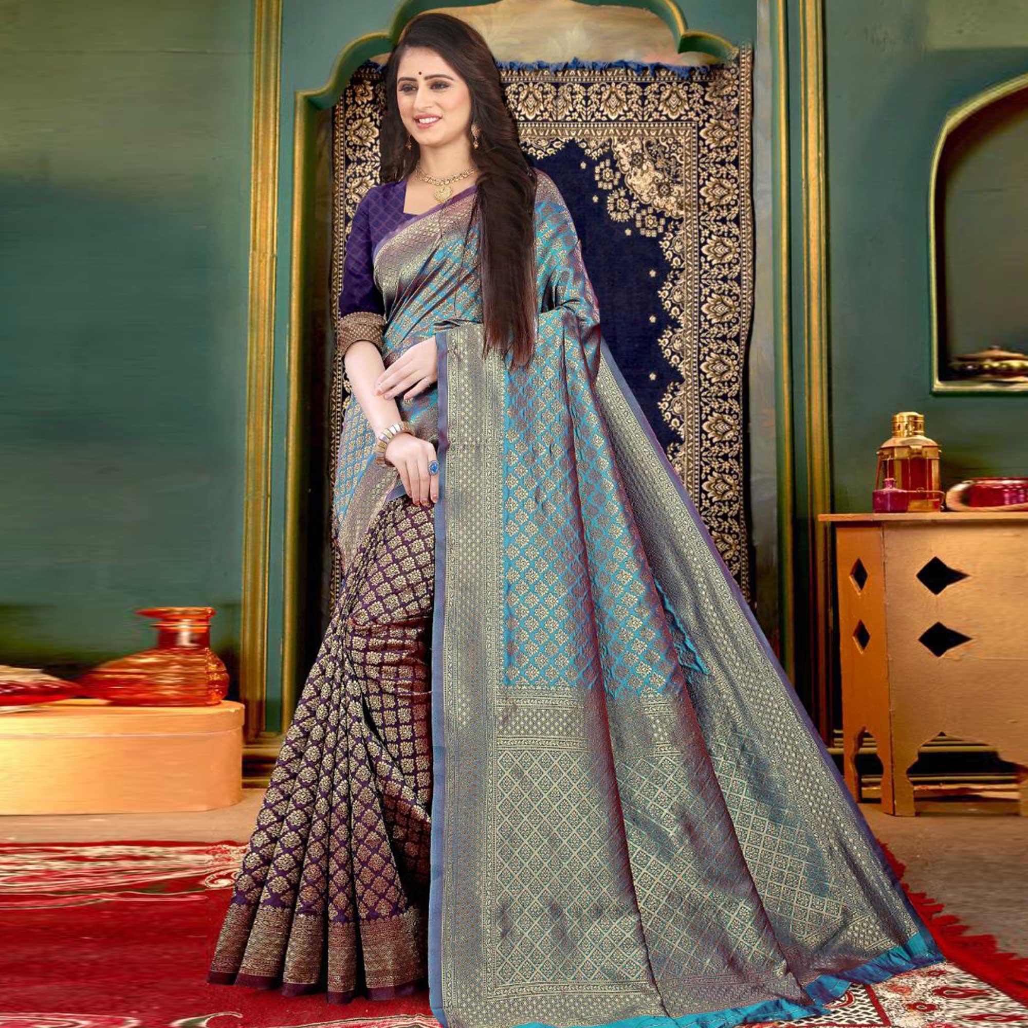 Sky Blue-Purple Festive Wear Woven Banarasi Silk Saree - Peachmode