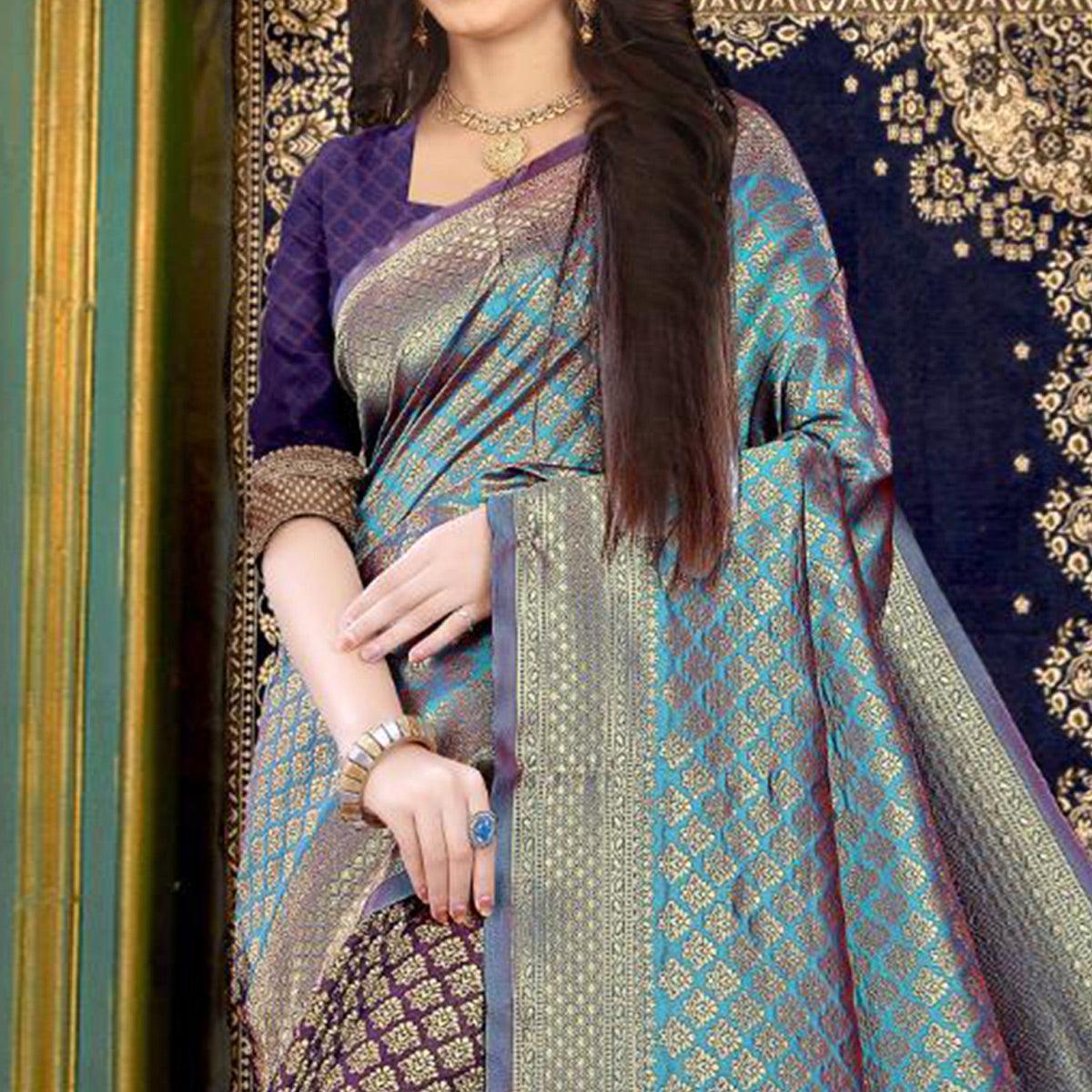 Sky Blue-Purple Festive Wear Woven Banarasi Silk Saree - Peachmode