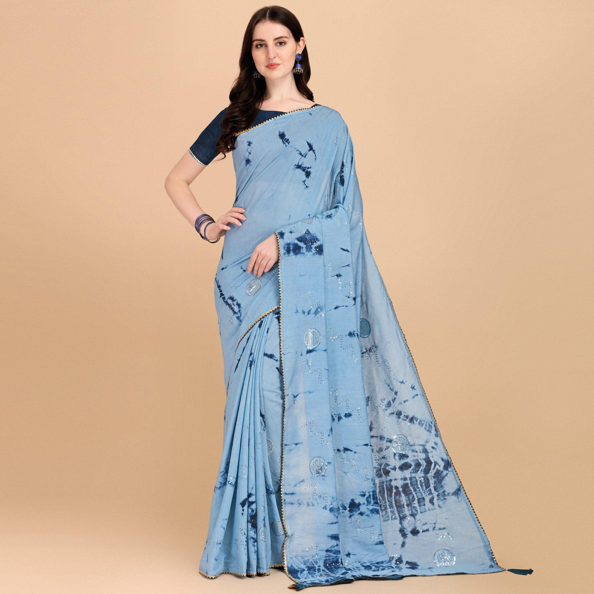 Sky Blue Sequence Embroidered Chanderi Saree - Peachmode