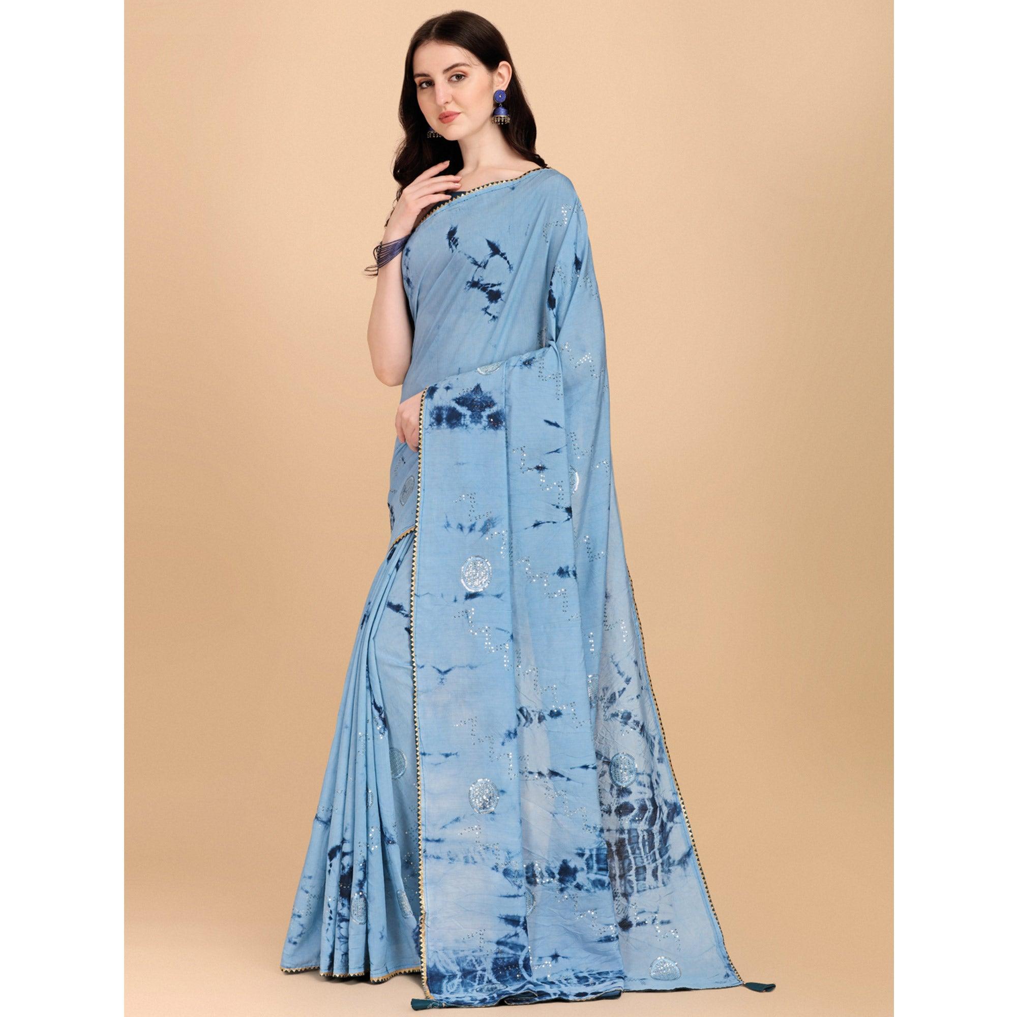 Sky Blue Sequence Embroidered Chanderi Saree - Peachmode