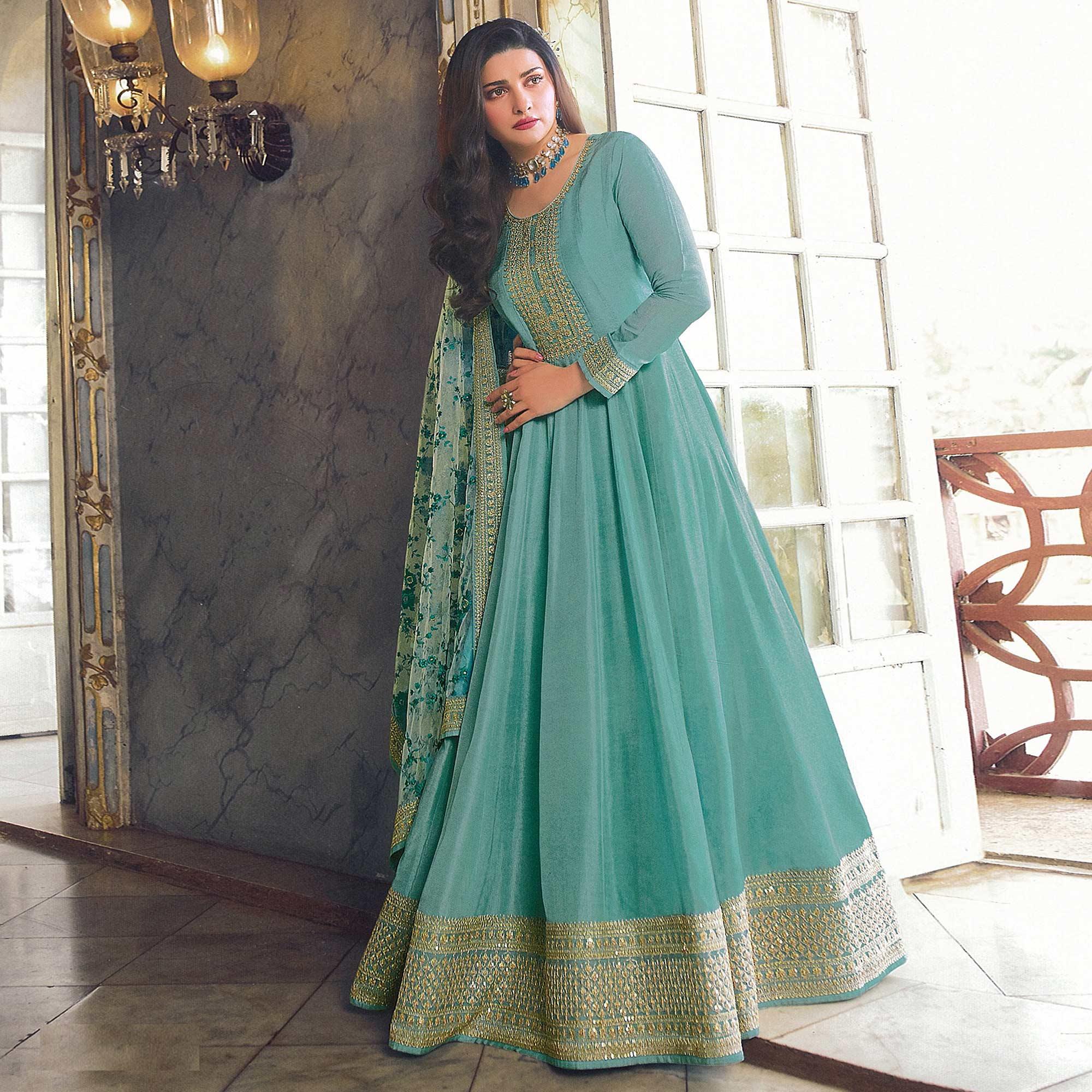 Sky Blue Sequence Embroidered Dola Silk Anarkali Style Gown - Peachmode