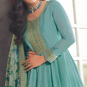 Sky Blue Sequence Embroidered Dola Silk Anarkali Style Gown - Peachmode