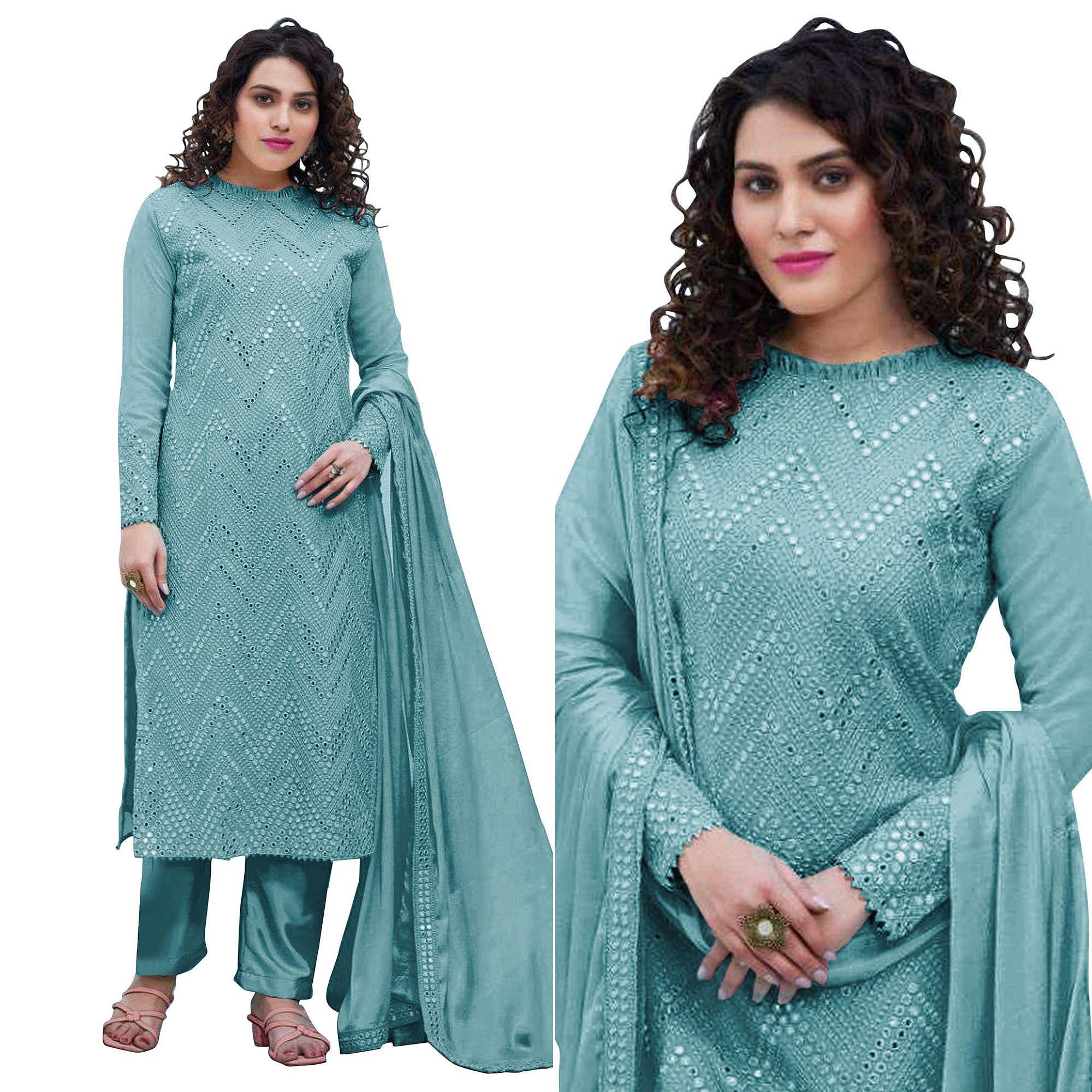 Sky Blue Sequence Embroidered Georgette Suit - Peachmode