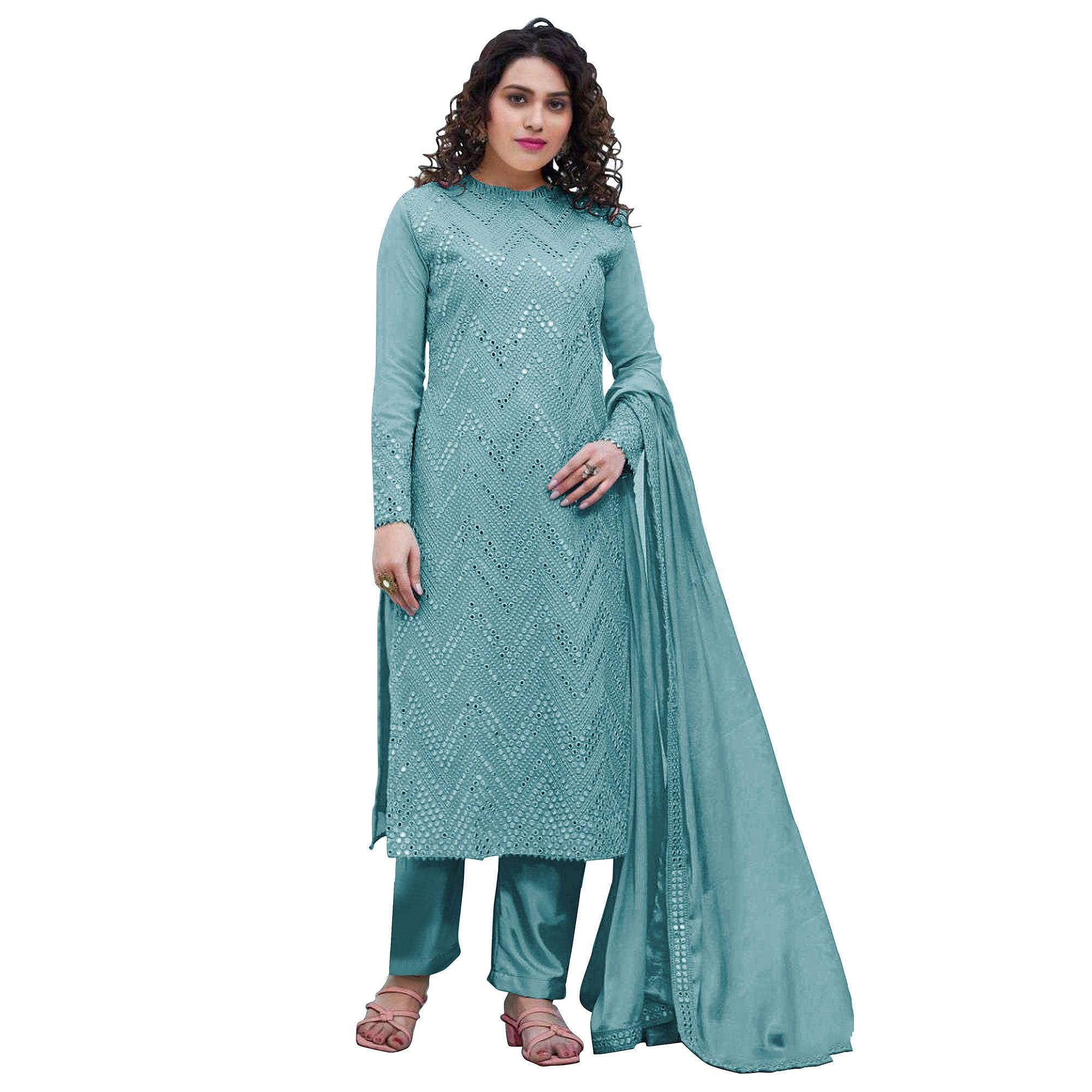 Sky Blue Sequence Embroidered Georgette Suit - Peachmode