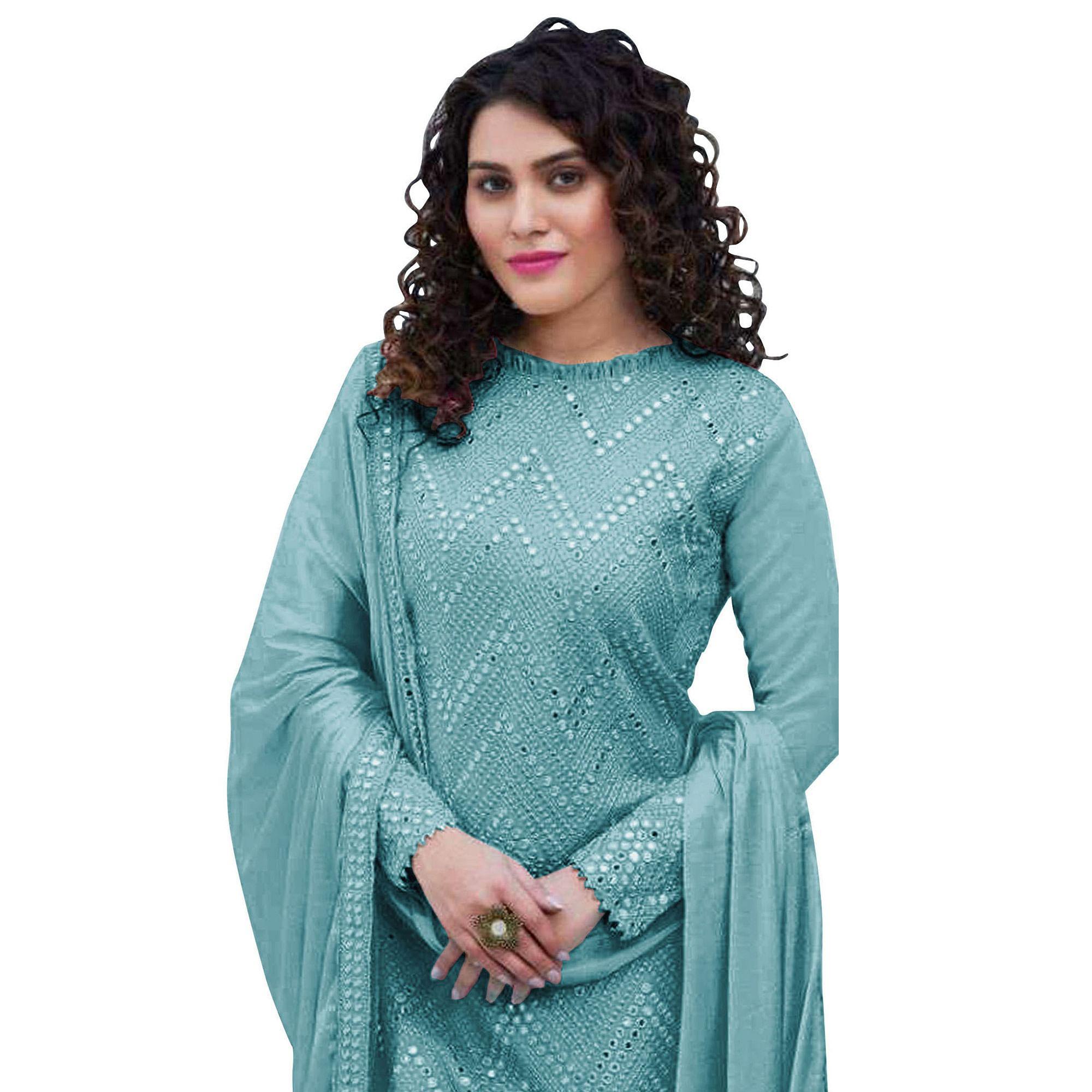 Sky Blue Sequence Embroidered Georgette Suit - Peachmode