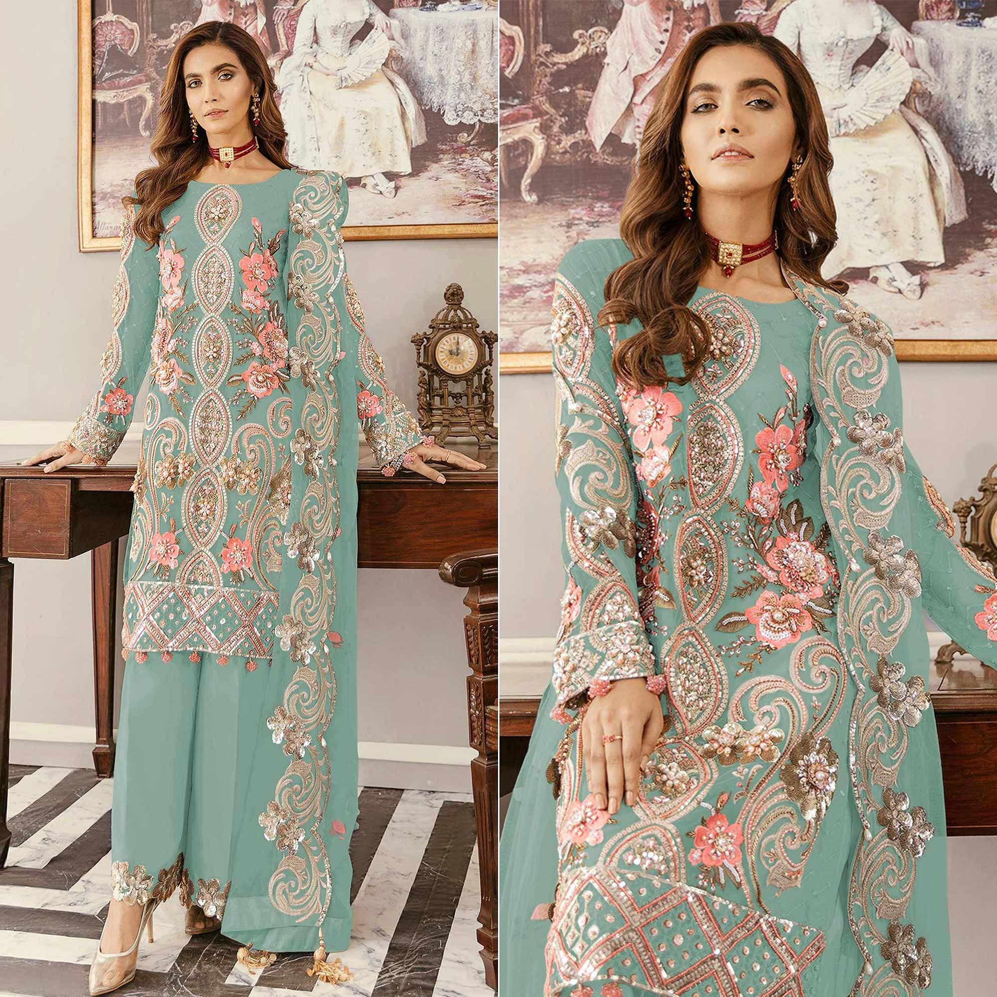 Sky Blue Sequence Embroidered  Soft Net Partywear Pakistani Suit - Peachmode