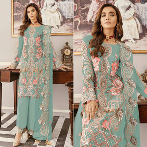 Sky Blue Sequence Embroidered  Soft Net Partywear Pakistani Suit - Peachmode