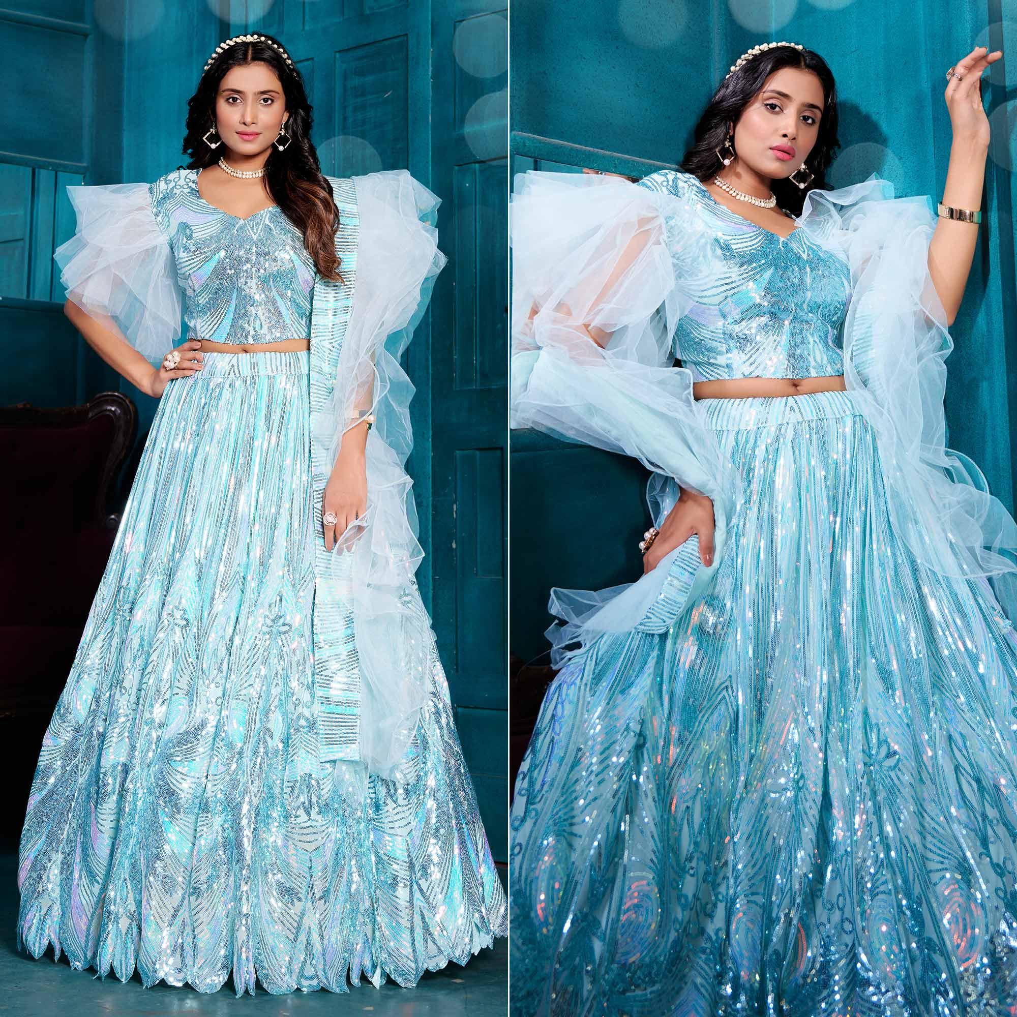 Sky Blue Sequence Embroidered With Stonework Art Silk Lehenga Choli - Peachmode