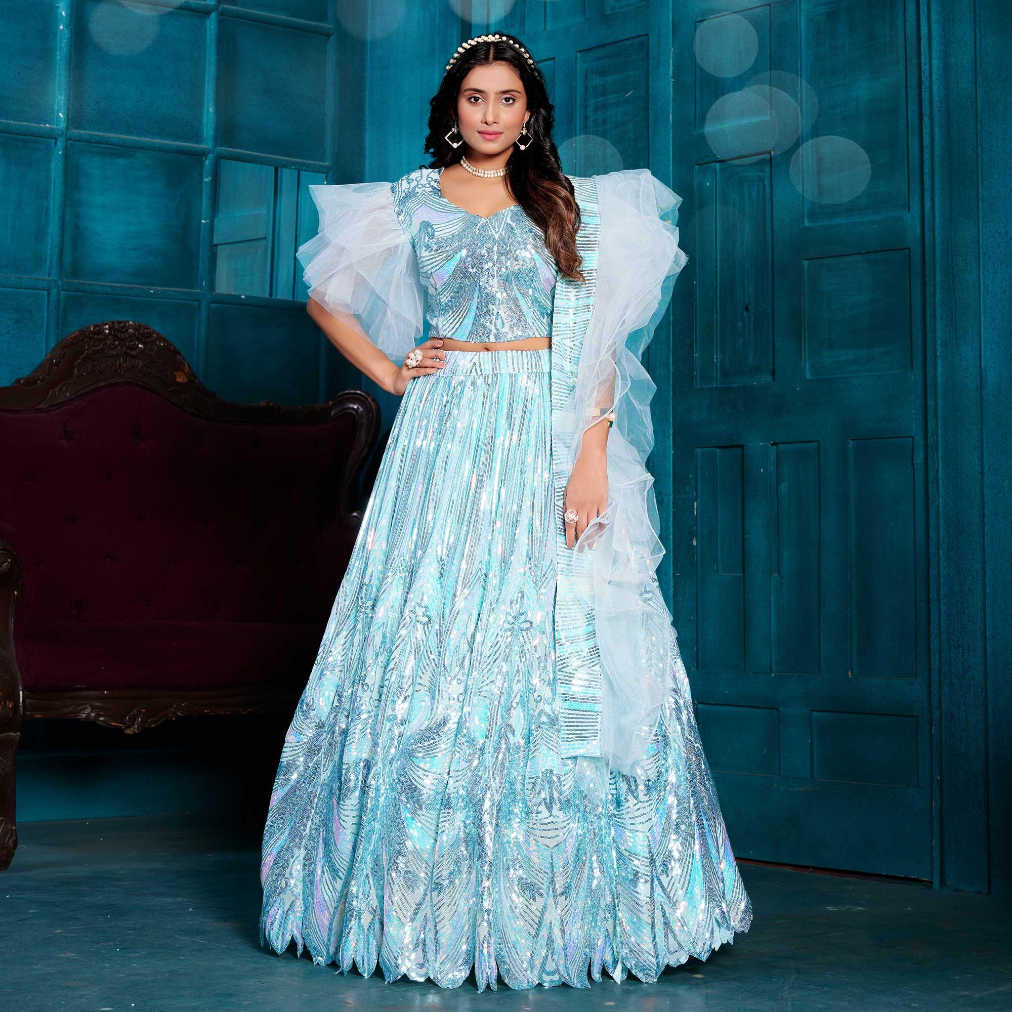 Sky Blue Sequence Embroidered With Stonework Art Silk Lehenga Choli - Peachmode