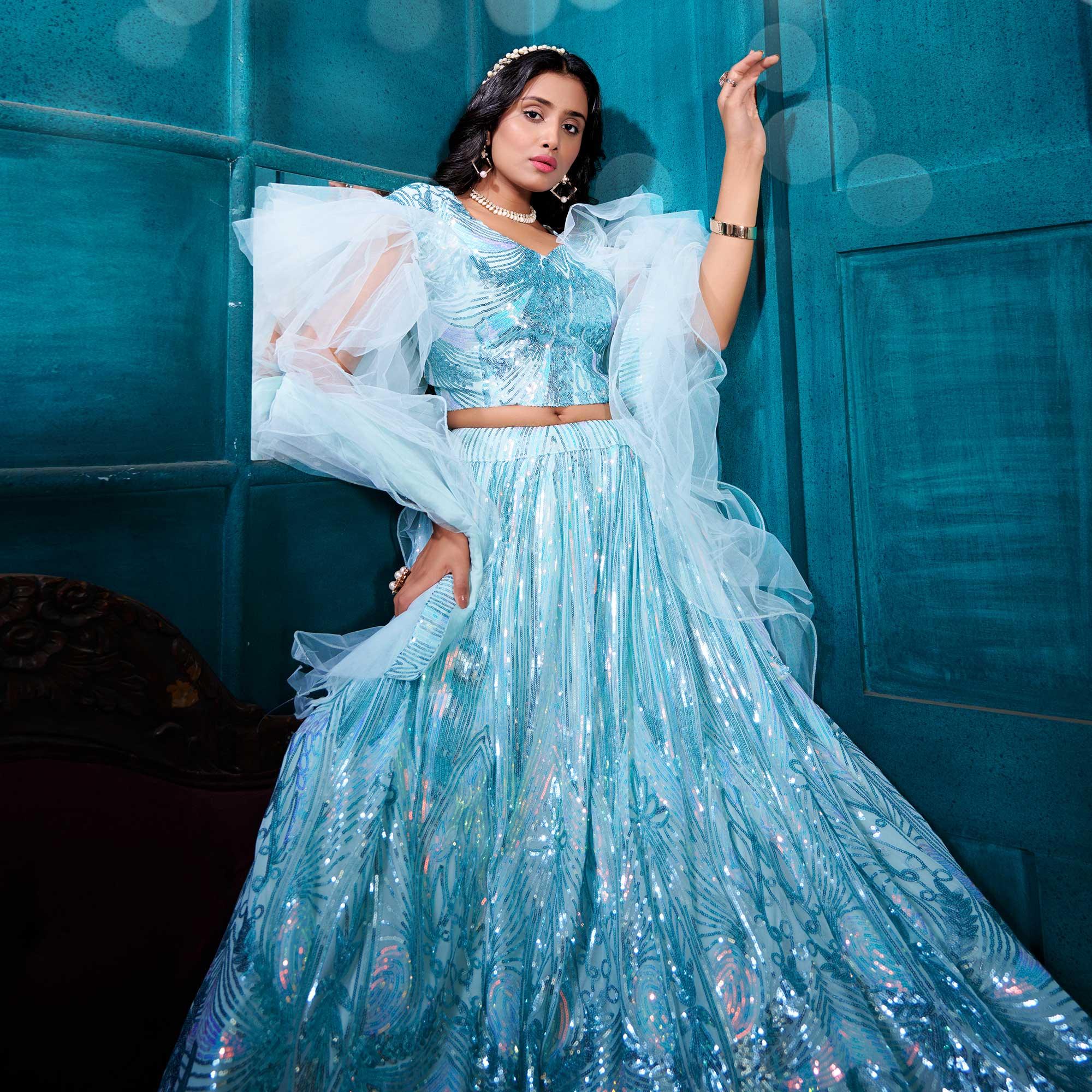 Sky Blue Sequence Embroidered With Stonework Art Silk Lehenga Choli - Peachmode
