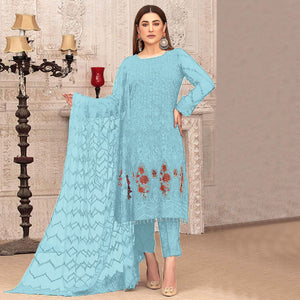 Sky Blue Sequence With Floral Embroidered Georgette Pakistani Suit - Peachmode