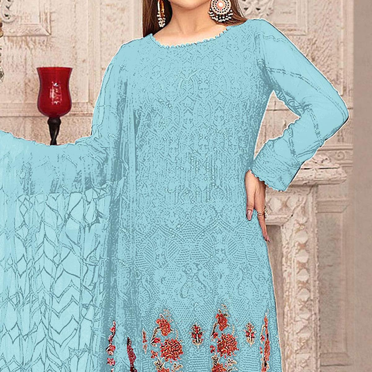 Sky Blue Sequence With Floral Embroidered Georgette Pakistani Suit - Peachmode