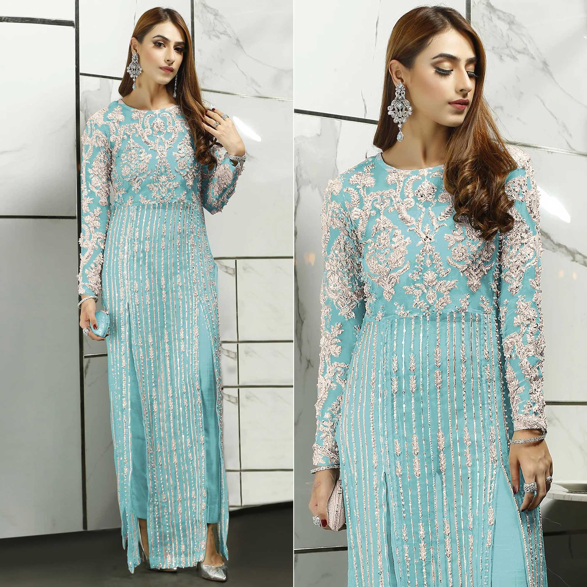 Sky Blue Sequence With Floral Embroidered Net Pakistani Suit - Peachmode