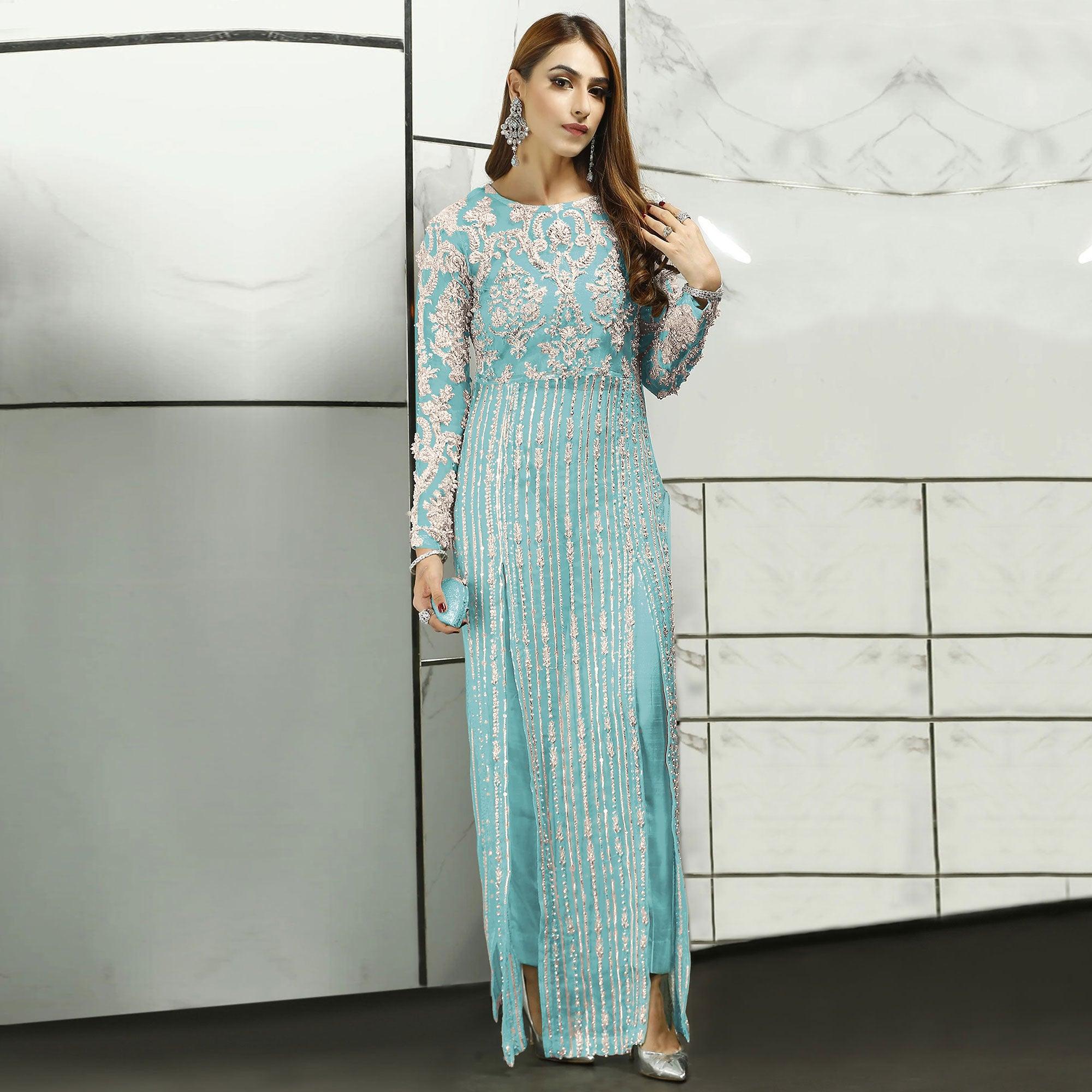 Sky Blue Sequence With Floral Embroidered Net Pakistani Suit - Peachmode