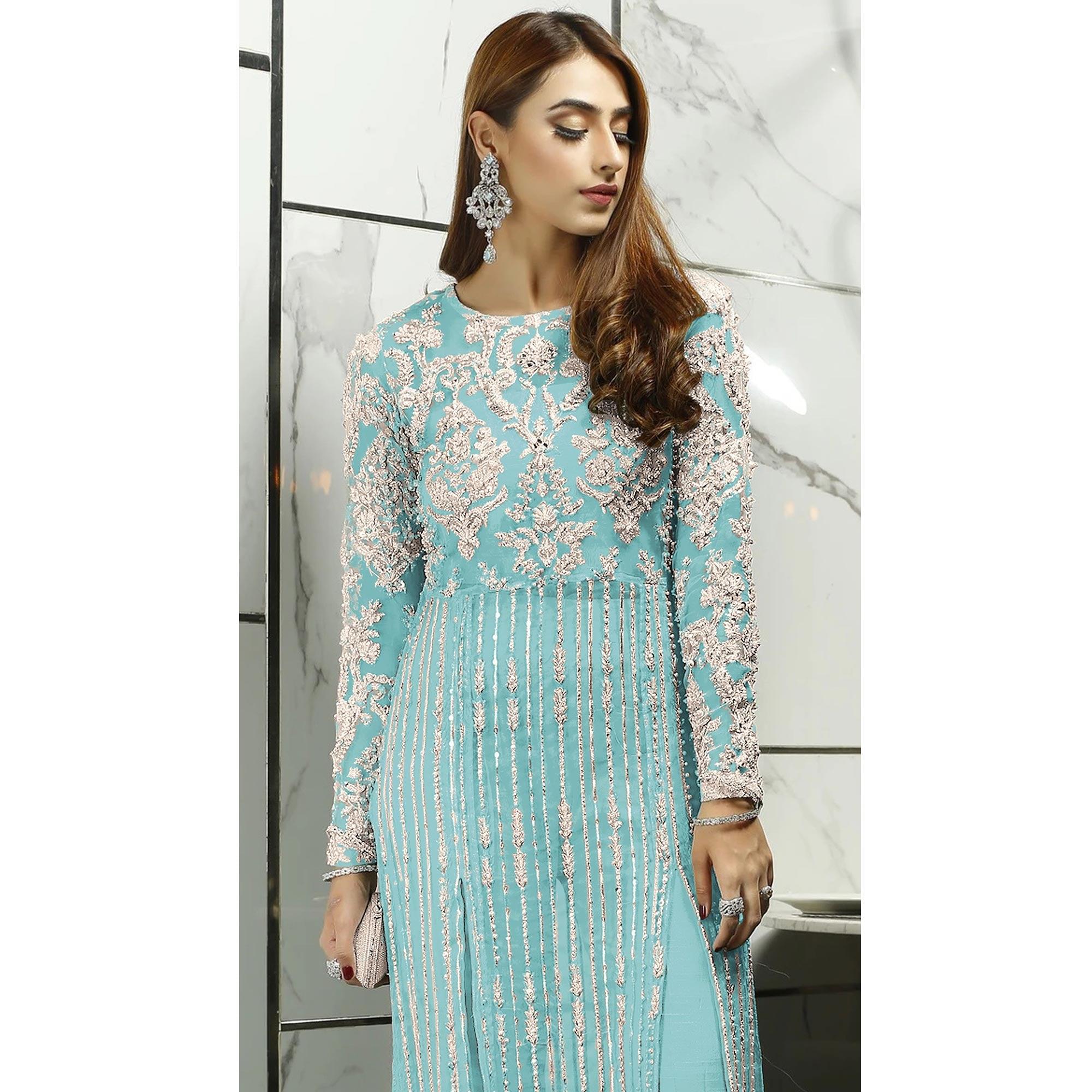 Sky Blue Sequence With Floral Embroidered Net Pakistani Suit - Peachmode