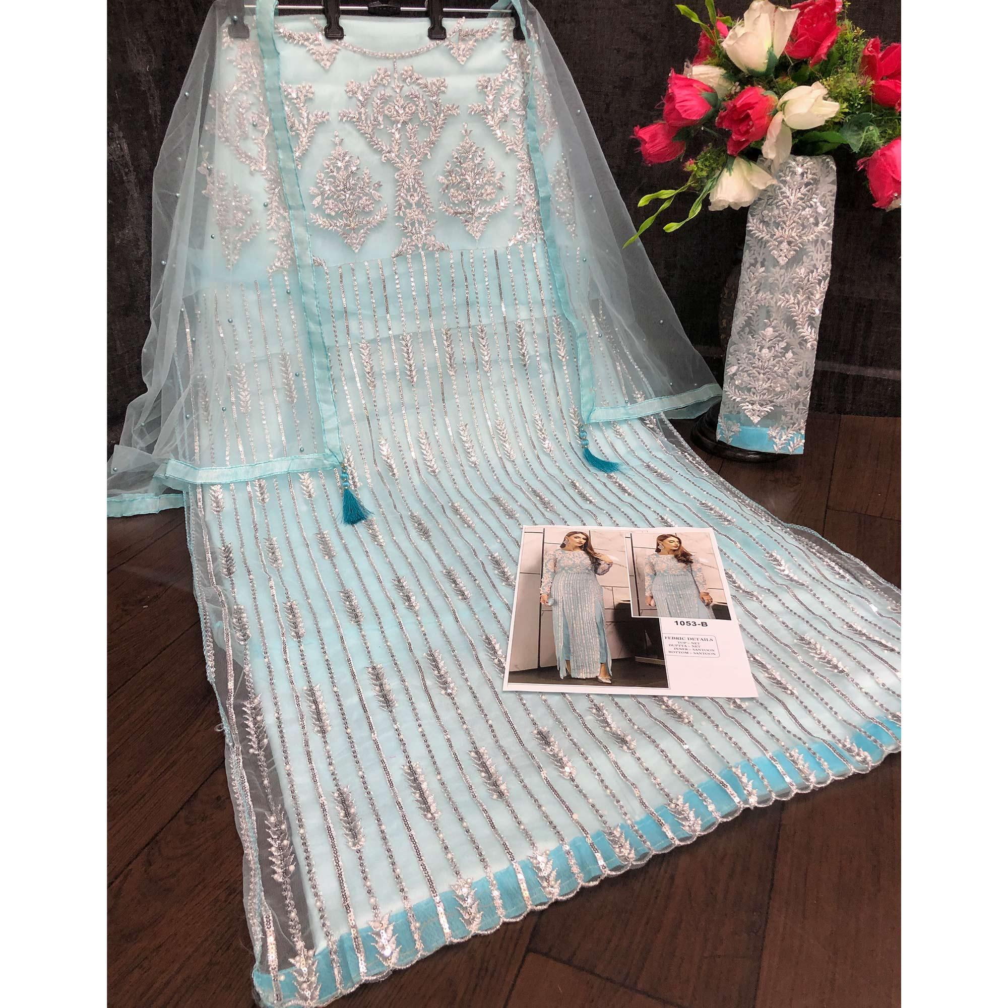 Sky Blue Sequence With Floral Embroidered Net Pakistani Suit - Peachmode