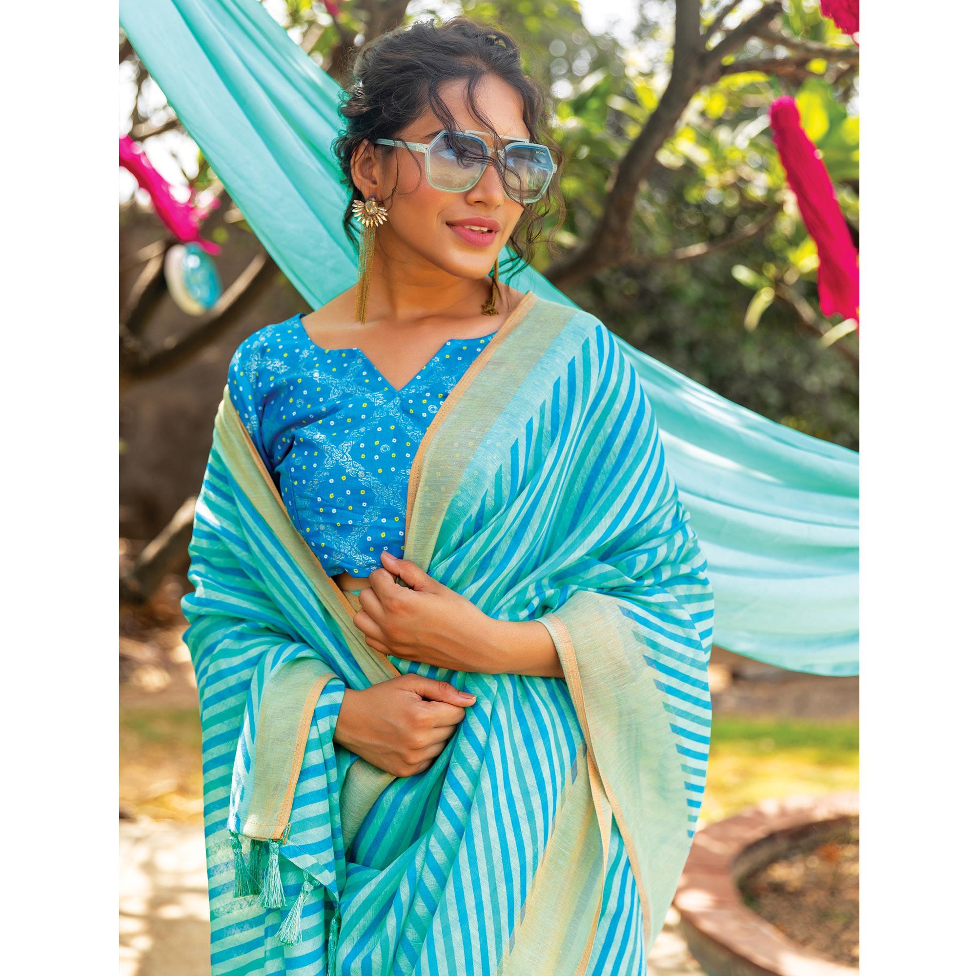 Sky Blue Striped Printed Cotton Saree With Tassels - Peachmode