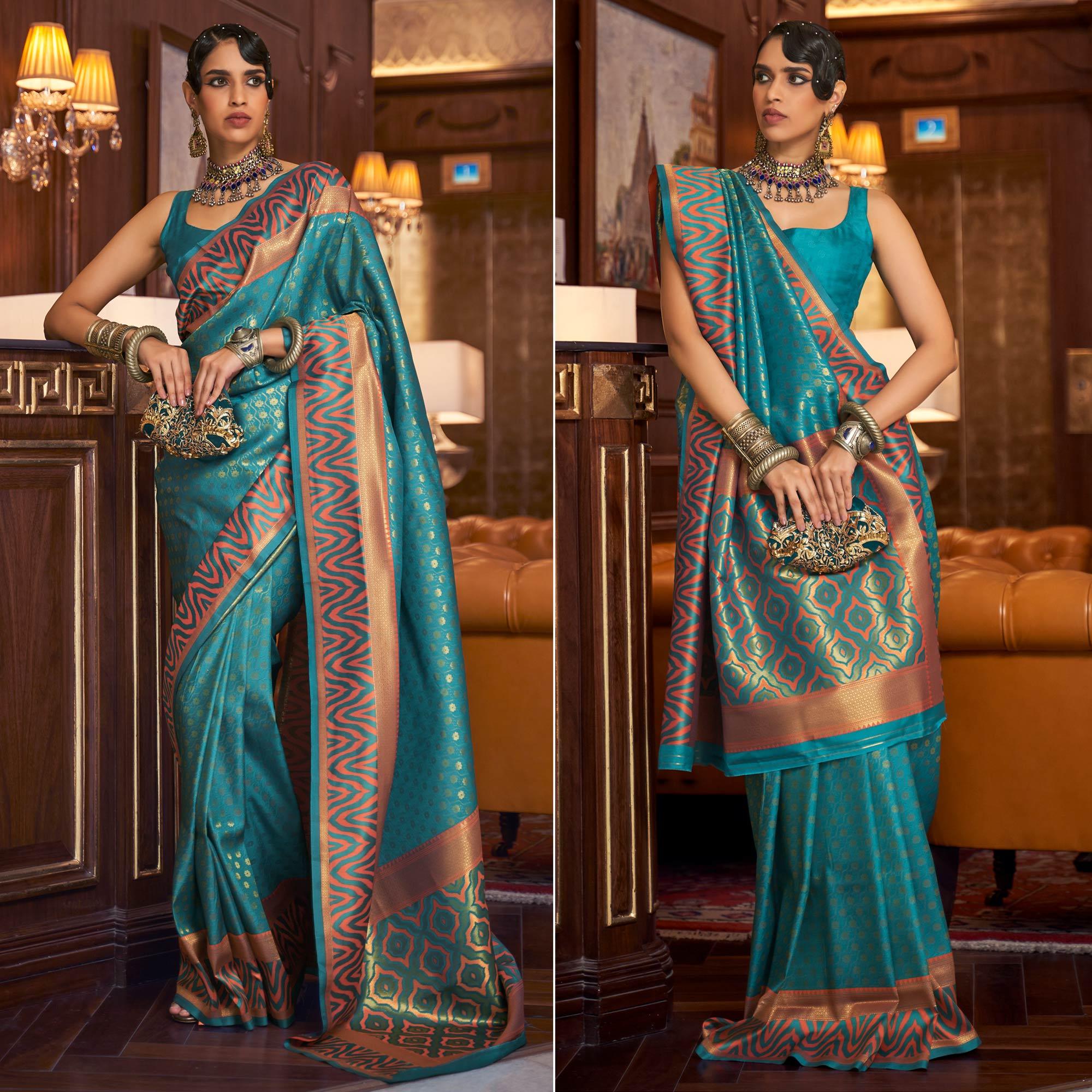 Sky Blue Woven Art Silk Saree - Peachmode