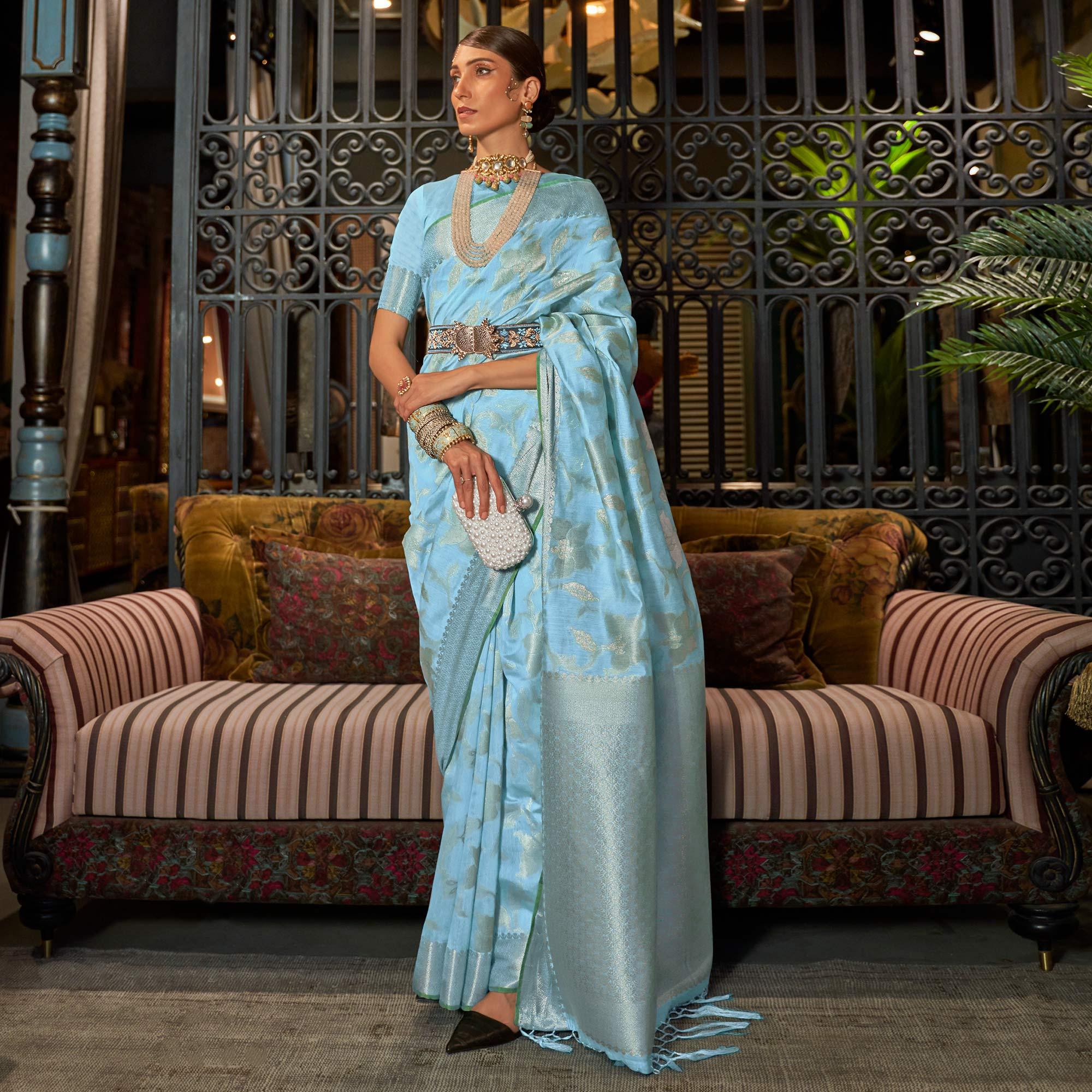 Sky Blue Woven Art Silk Saree - Peachmode