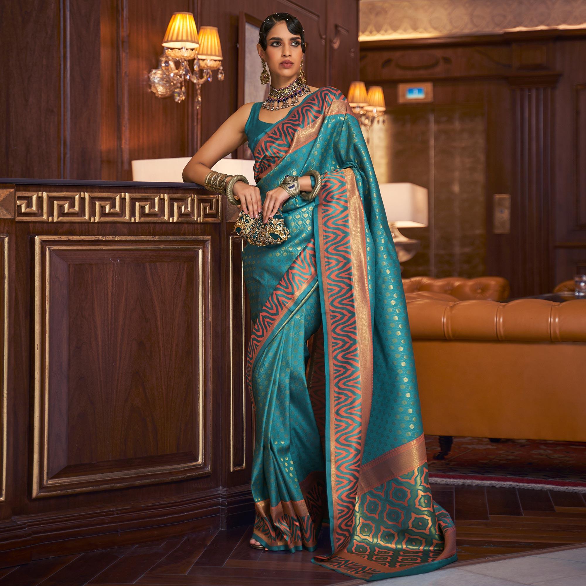 Sky Blue Woven Art Silk Saree - Peachmode