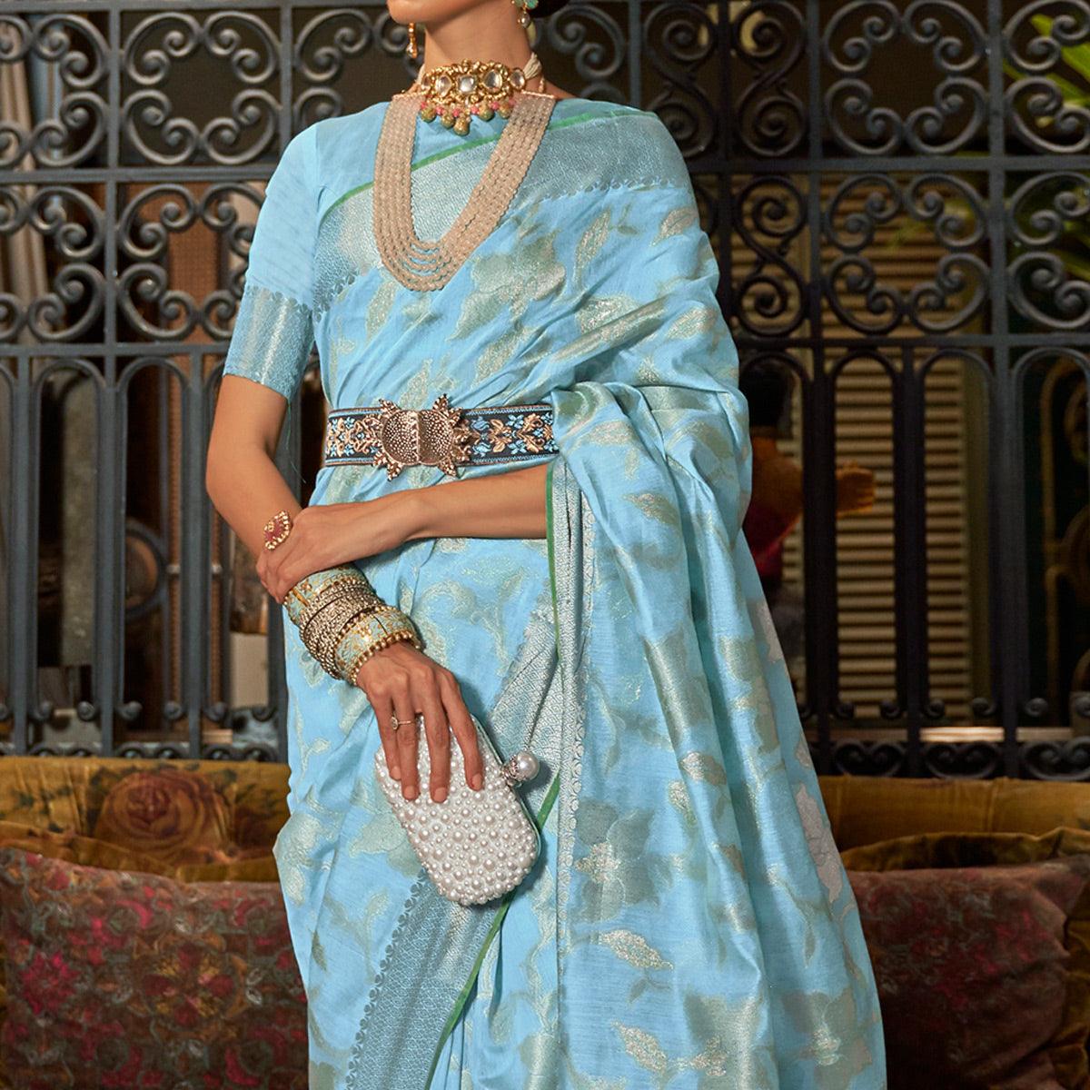 Sky Blue Woven Art Silk Saree - Peachmode