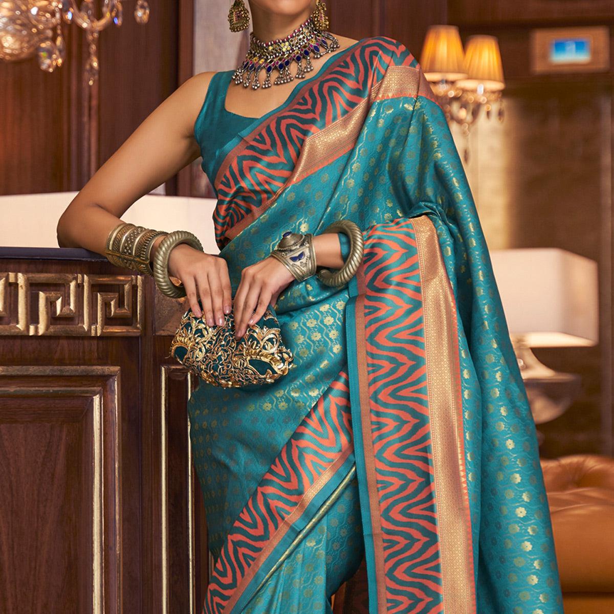 Sky Blue Woven Art Silk Saree - Peachmode