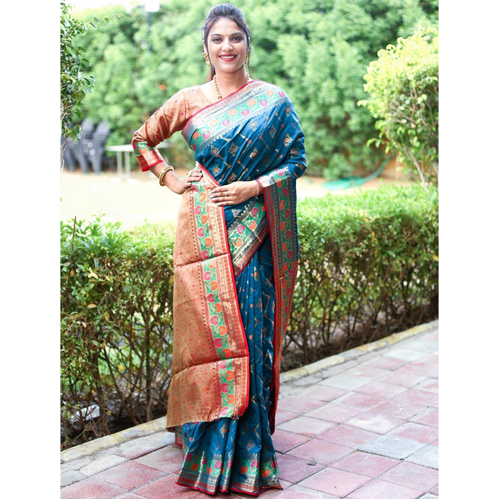 Sky Blue Woven Art Silk Saree - Peachmode