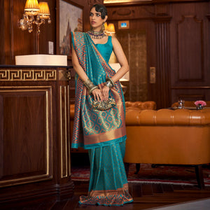 Sky Blue Woven Art Silk Saree - Peachmode