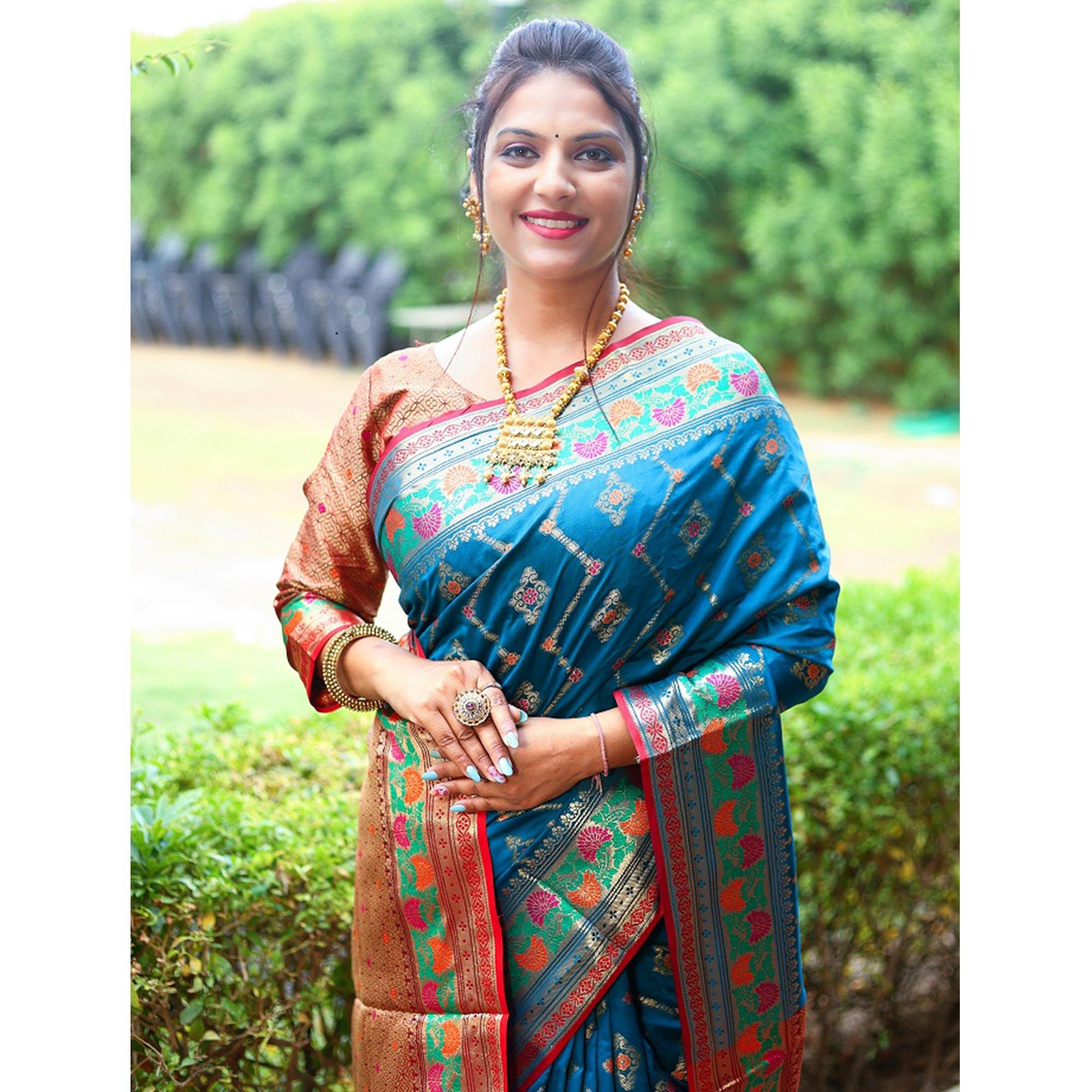 Sky Blue Woven Art Silk Saree - Peachmode