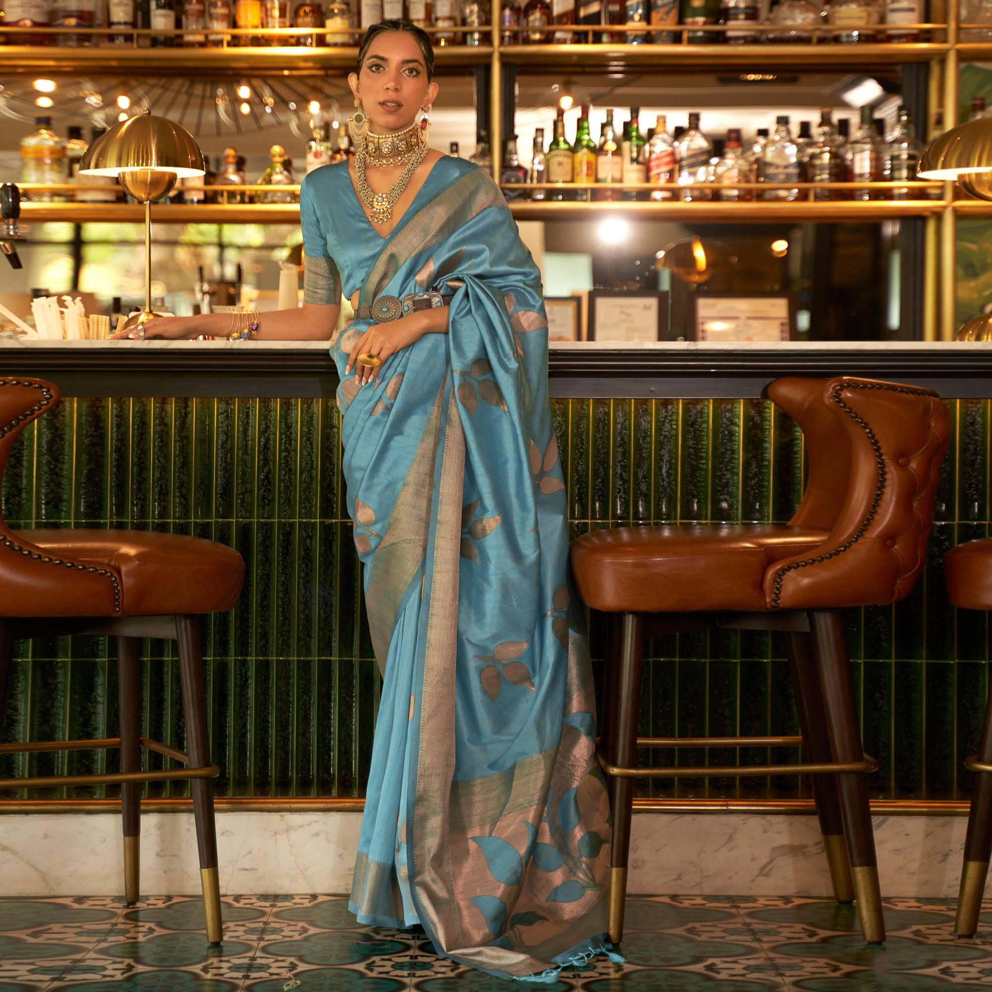 Sky Blue Woven Art Silk Saree With Tassels - Peachmode