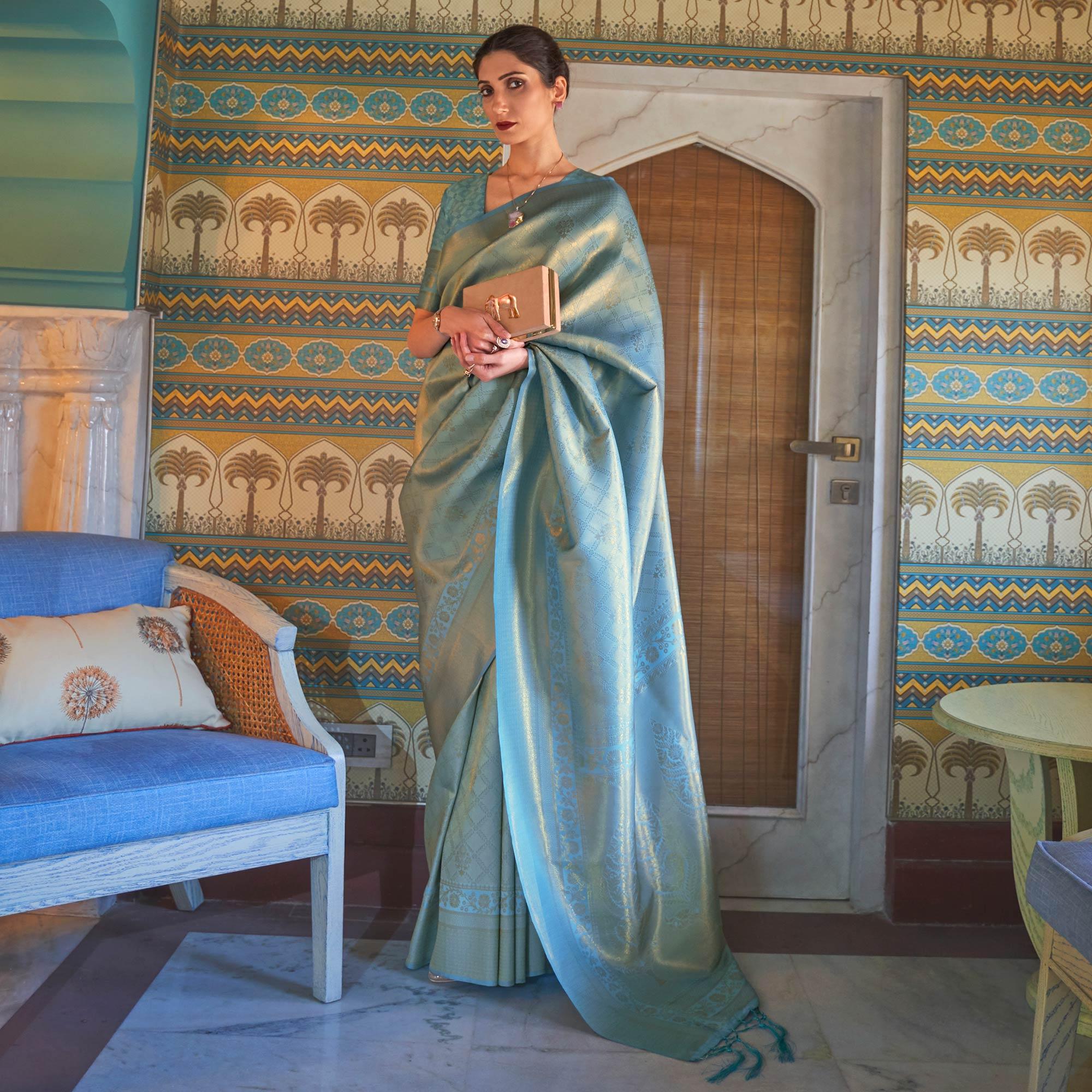 Sky Blue Woven Art Silk Saree With Tassels - Peachmode