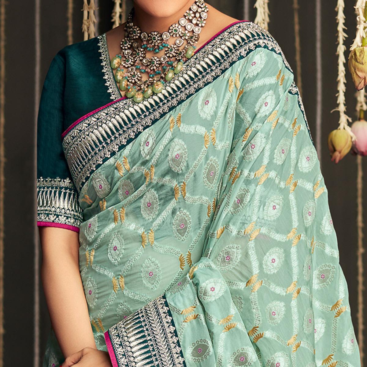 Sky Blue Woven Art Silk Saree With Tassels - Peachmode