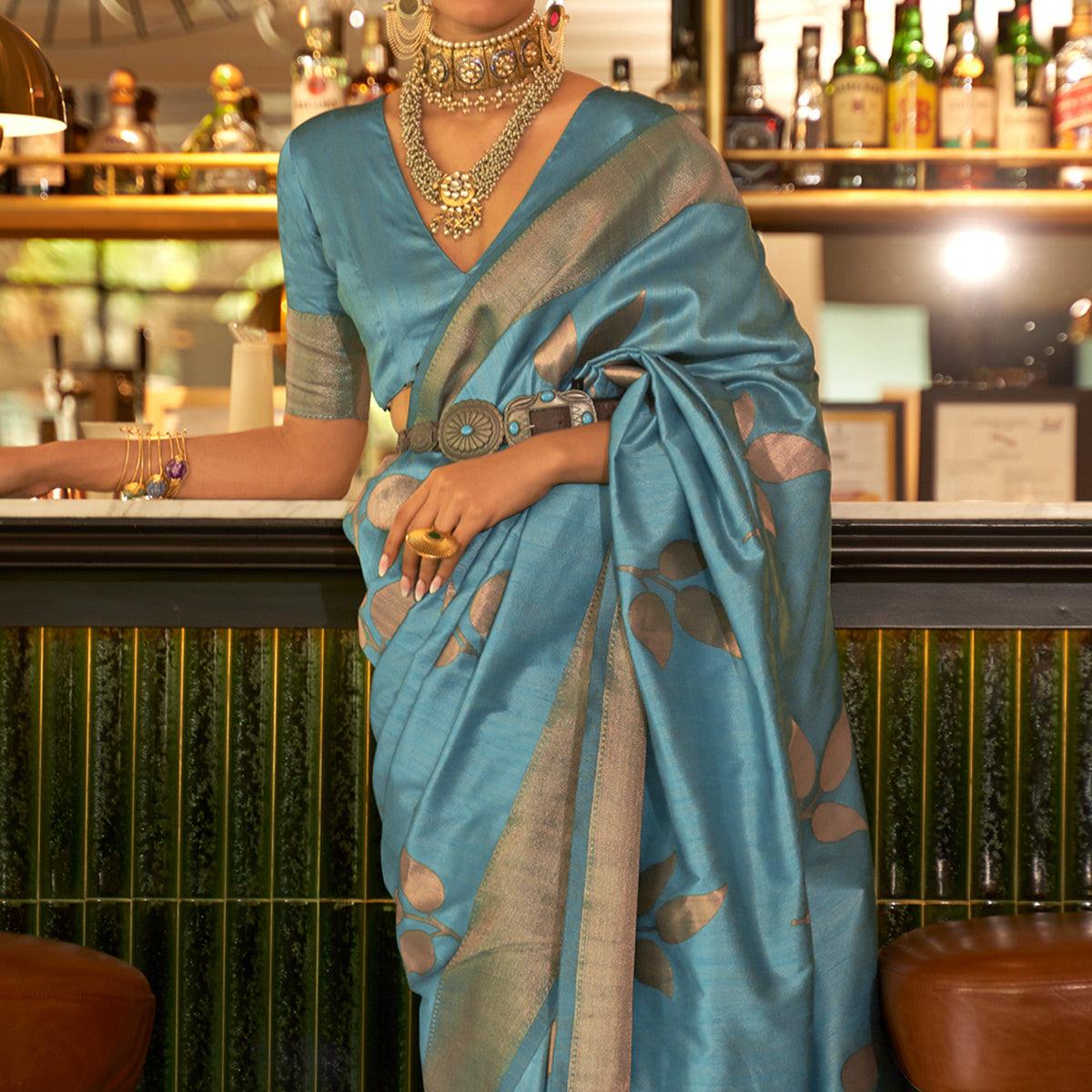 Sky Blue Woven Art Silk Saree With Tassels - Peachmode